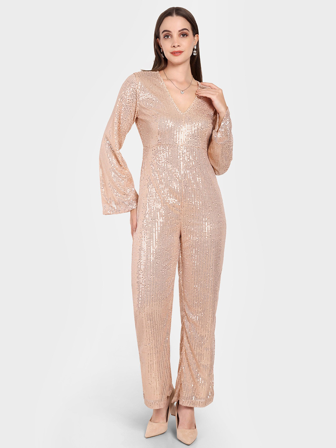 theulluu.com Women Self Design V Neck Sequin Flared Basic Jumpsuit