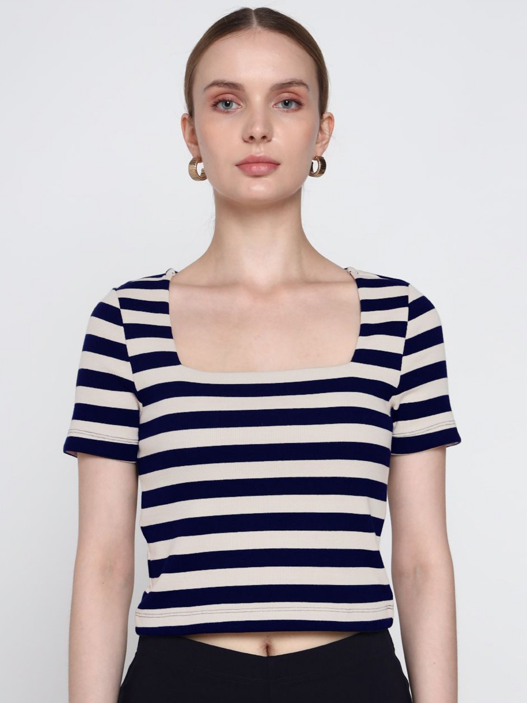 COVER STORY Women Striped Scoop Neck Slim Fit T-shirt