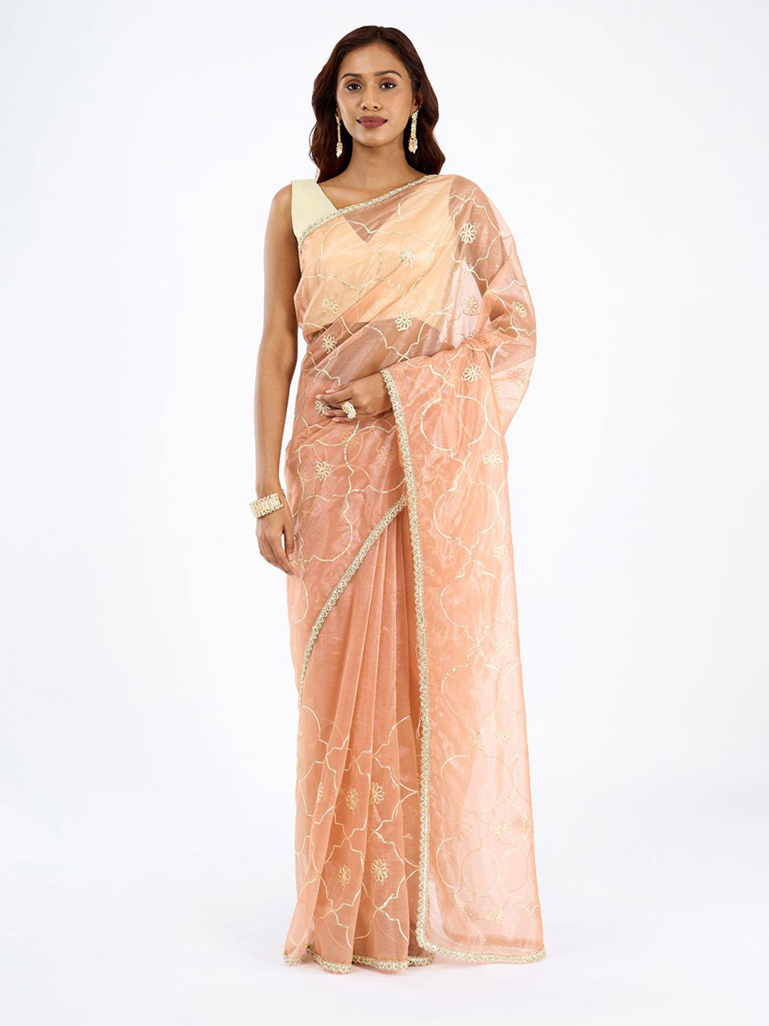 TEEJH Hriya Peach Orange Net Gota Saree