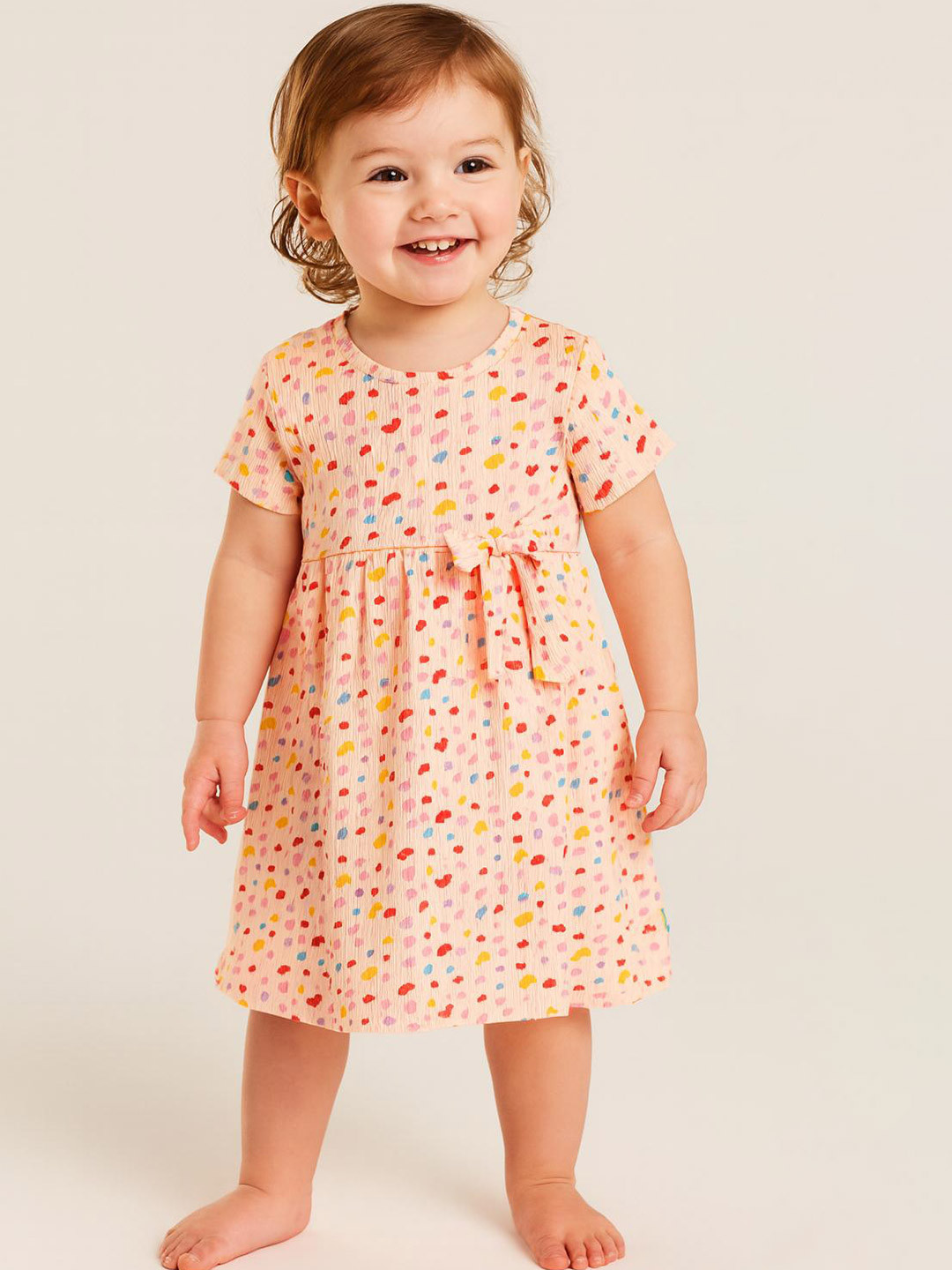 JusCubs Girl's Conversational Printed Round Neck Bow Cotton A-Line Dress