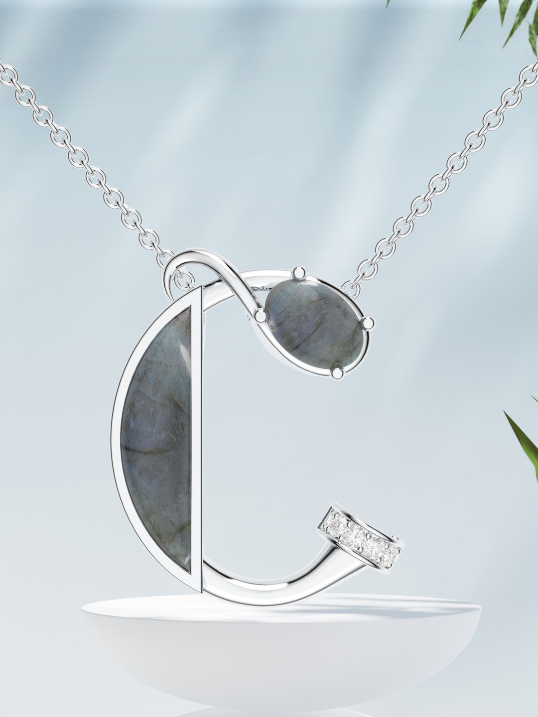 Kicky And Perky 925 Sterling Silver Rhodium-Plated Stones Studded C Pendant With Chain