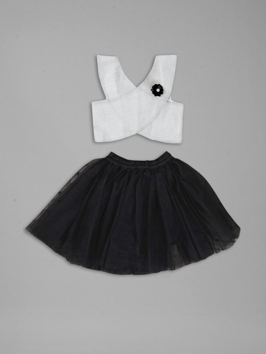 VidiRna Girls Melange Top With Black Skirt Set