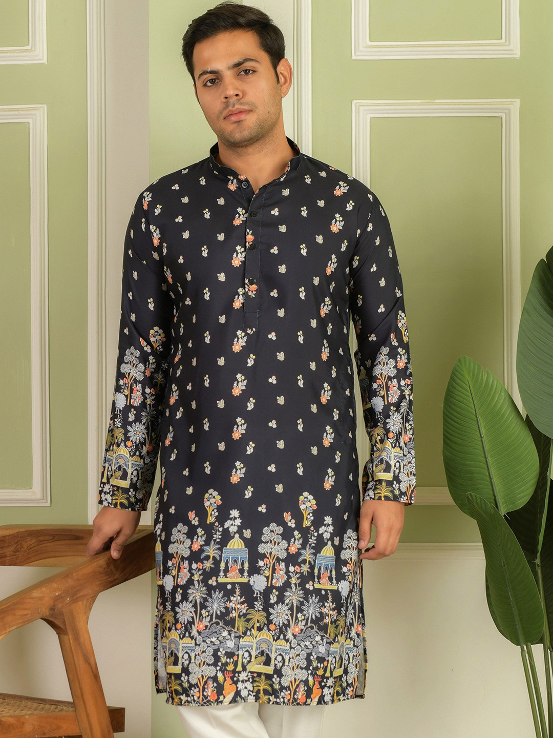 LEMONX Floral Printed Mandarin Collar Straight Kurta