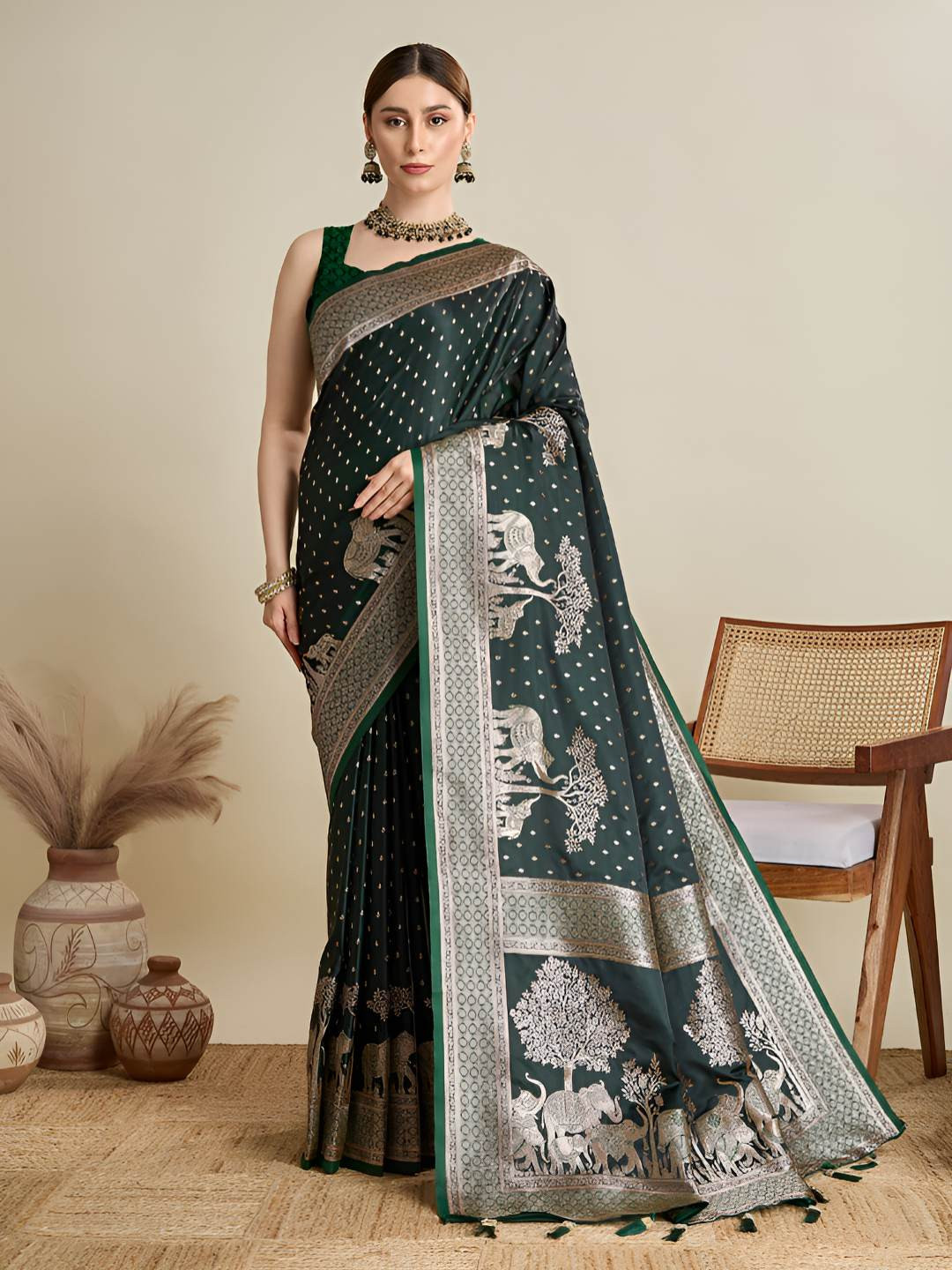 OFLINE SELECTION Ethnic Motifs Zari Satin Heavy Work Banarasi Saree