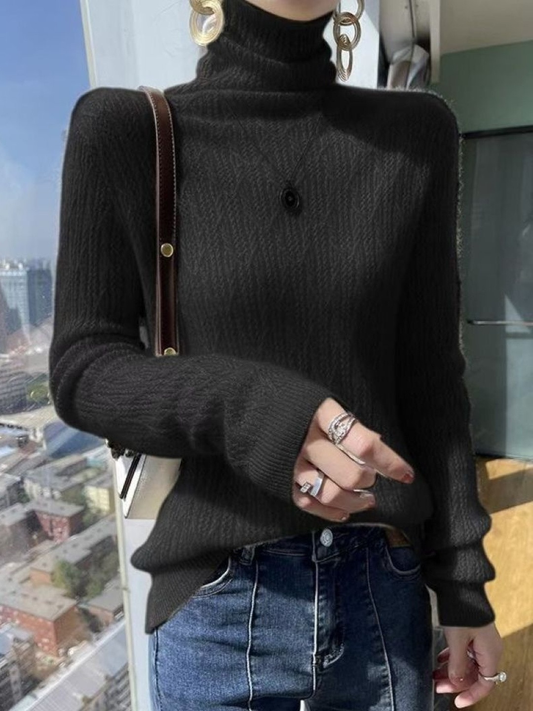 StyleCast Women Self Design Turlle Neck Long Sleeeve Sweatshirt