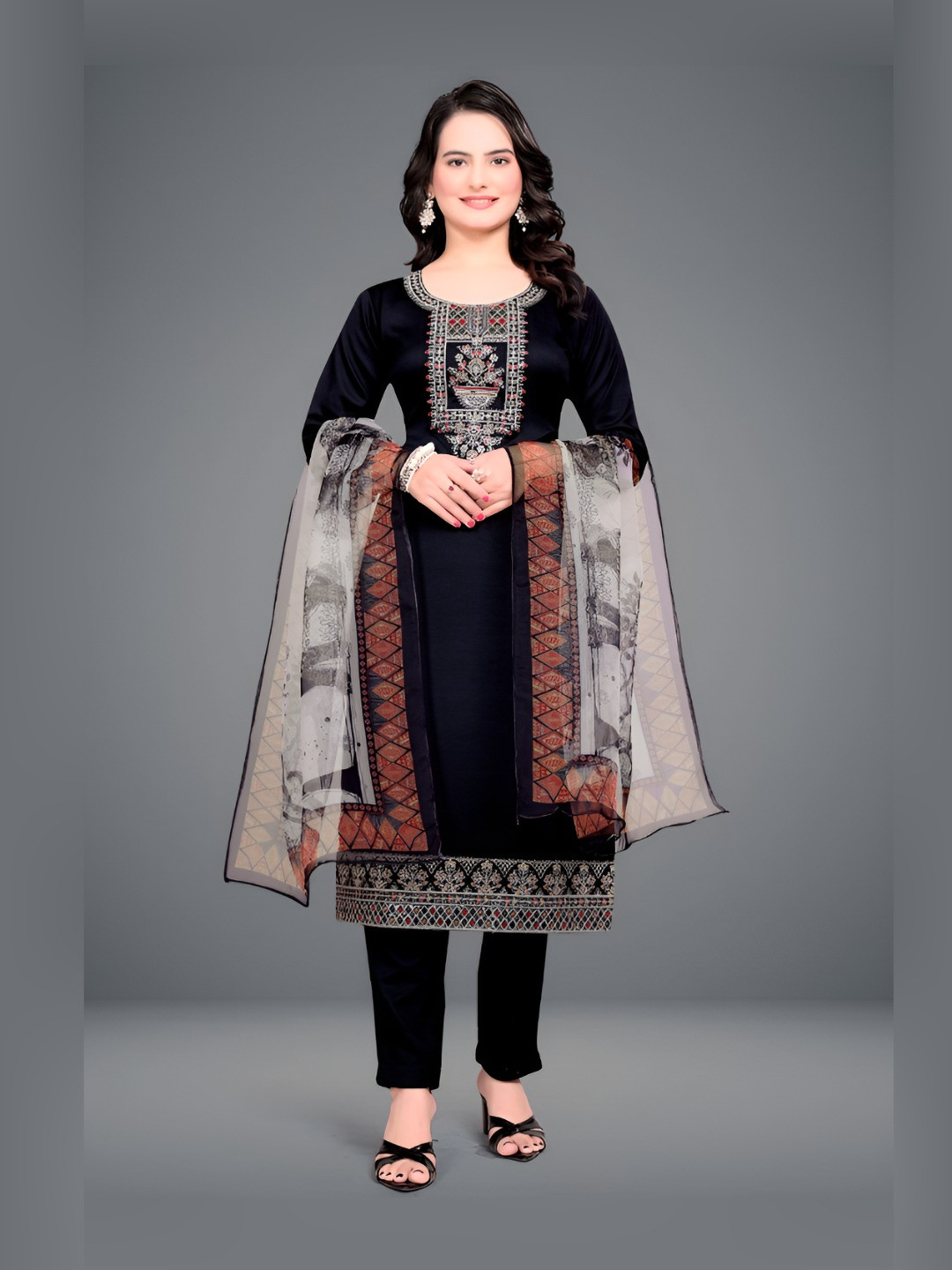 faxofab Women Ethnic Motifs Embroidered Regular Thread Work Kurta with Trousers & Dupatta