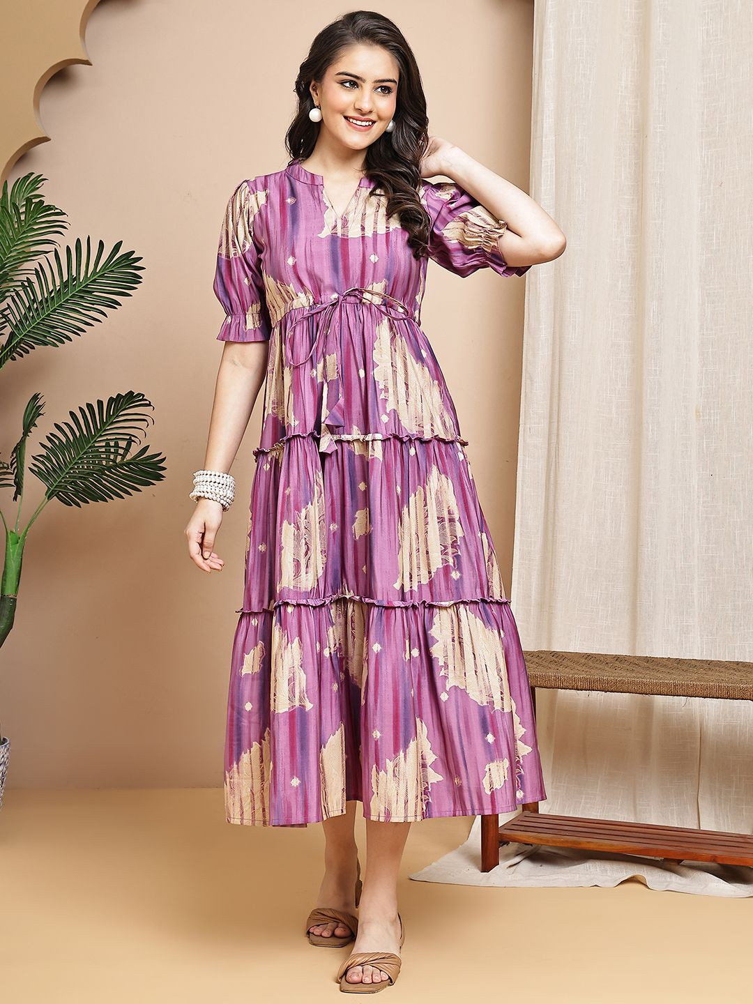 Claura Women Floral Printed Lace-Up Tiered Fit and Flare Midi Dress