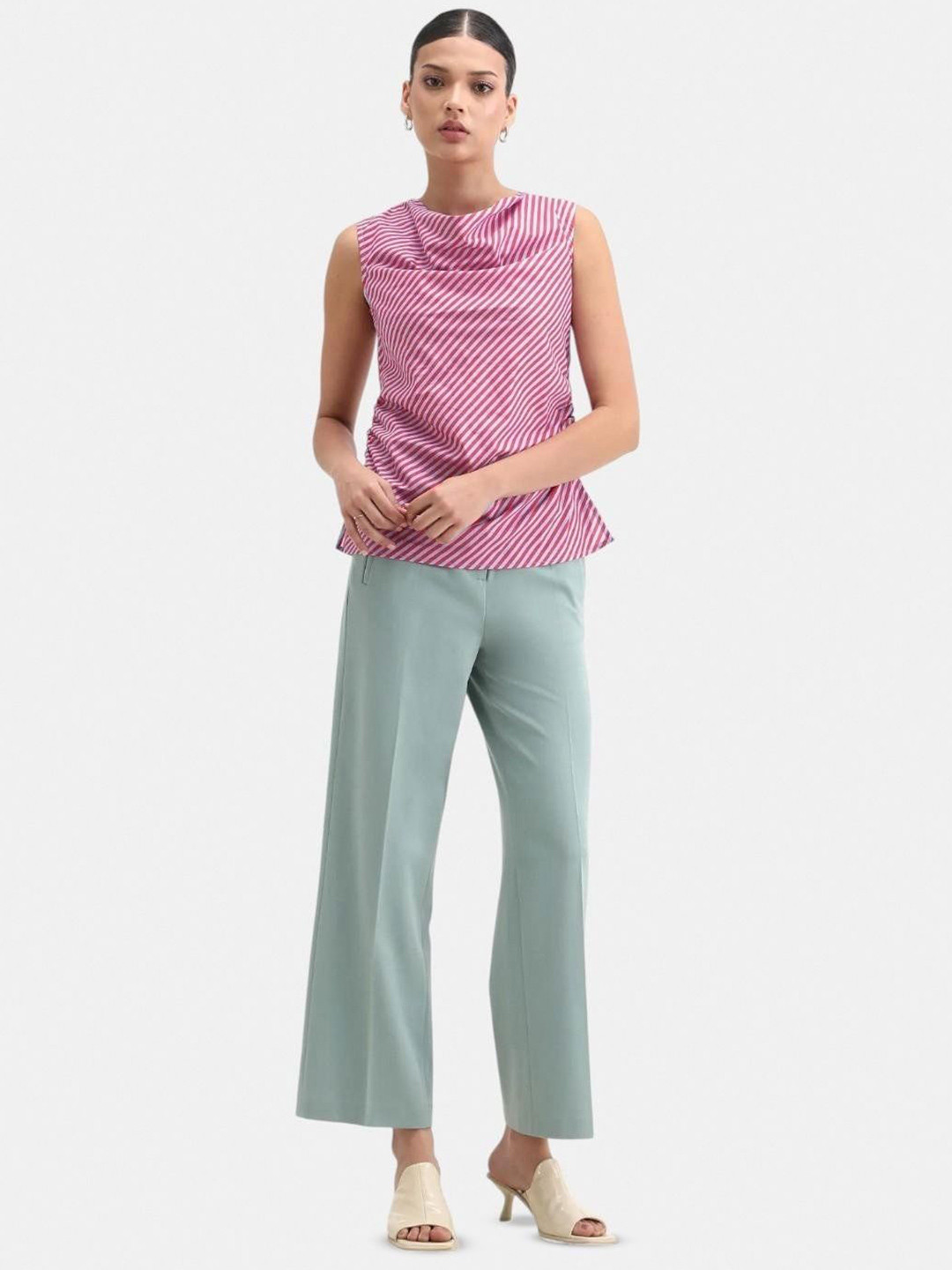 RAREISM SRAIT AQUA PRIMARY Women Relaxed Straight Fit Pleated Formal Trousers