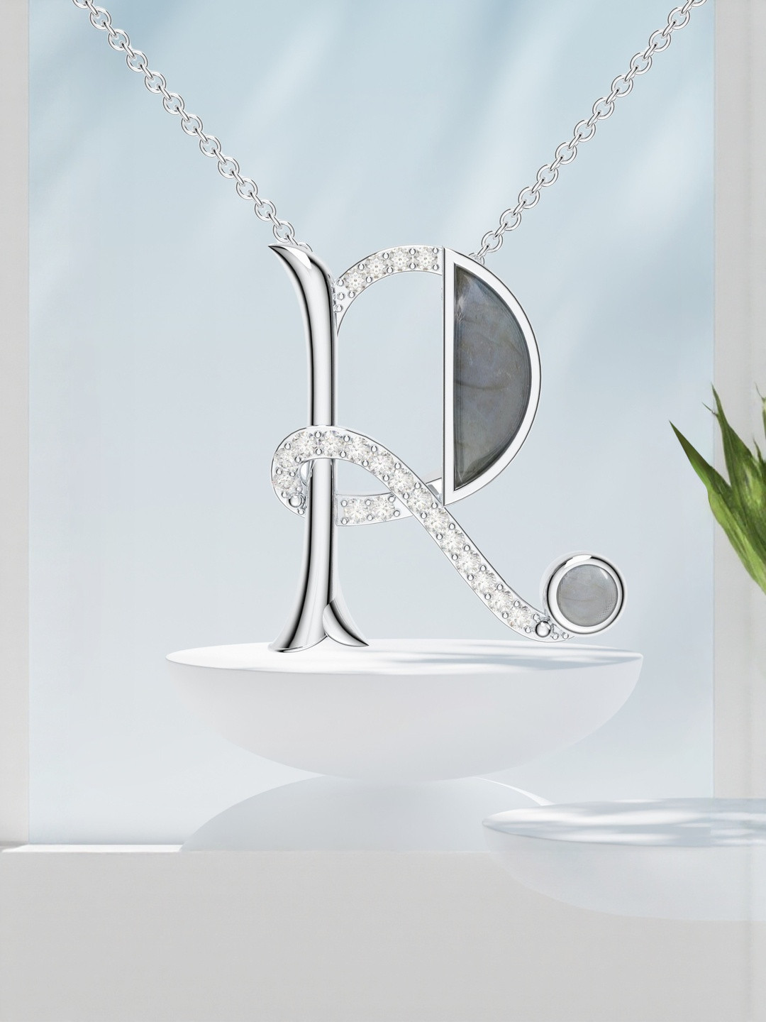Kicky And Perky 925 Sterling Silver Rhodium-Plated Stones Studded R Pendant With Chain