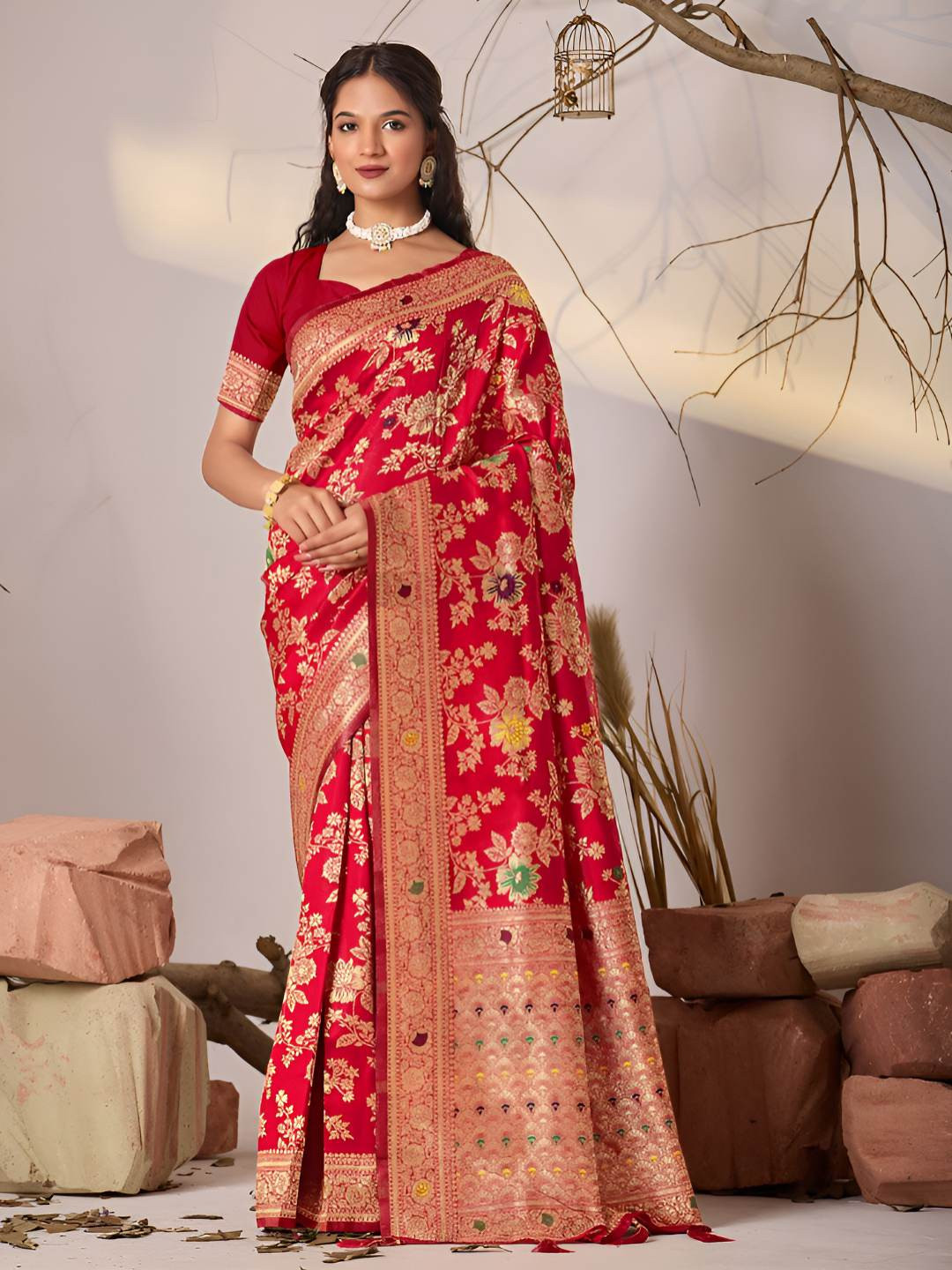 TINA FASHION Floral Woven Design Zari Banarasi Saree
