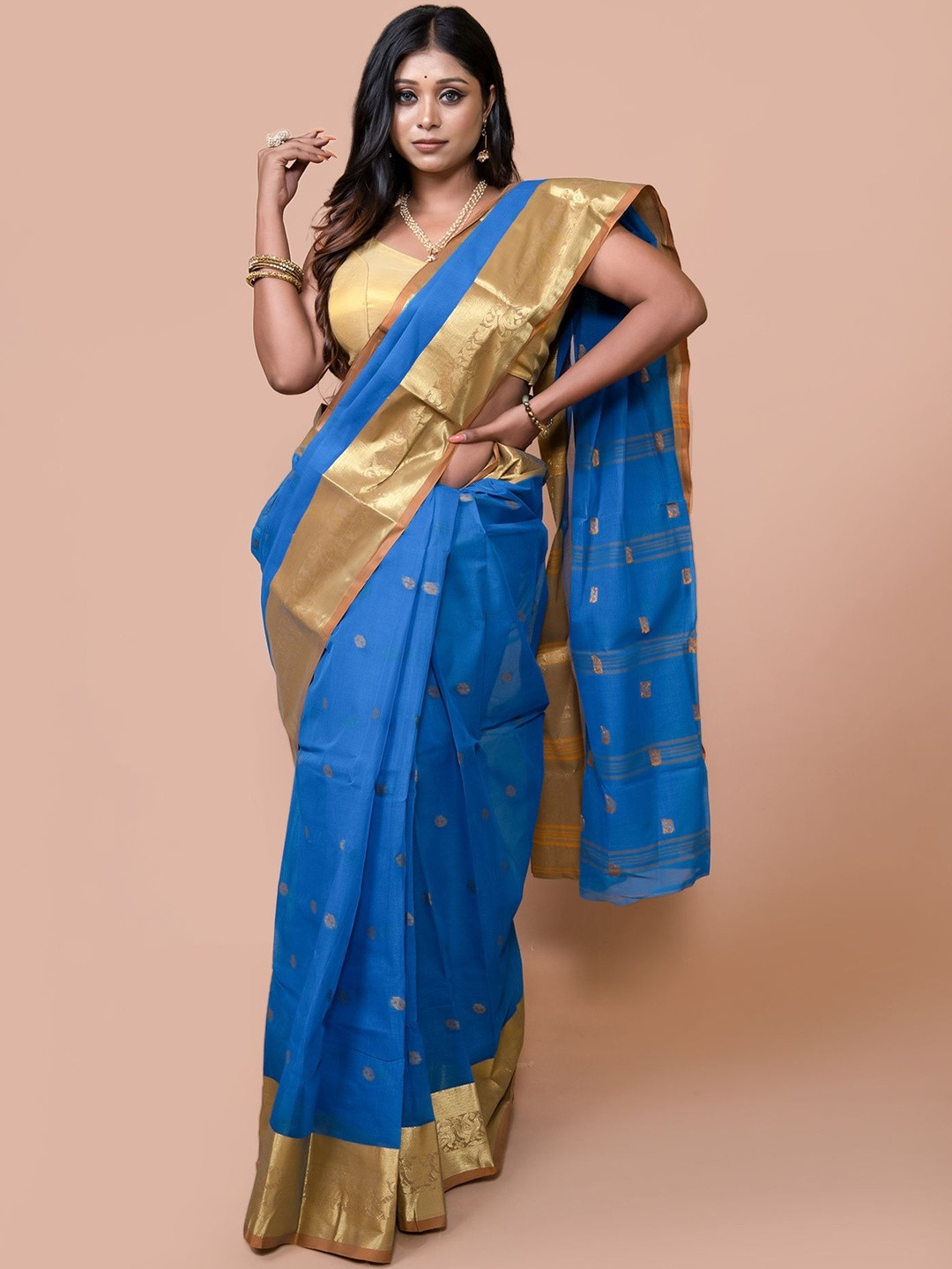 HOUSE OF ARLI Blue & Yellow Pure Cotton Woven Design Zari Tant Handloom Saree