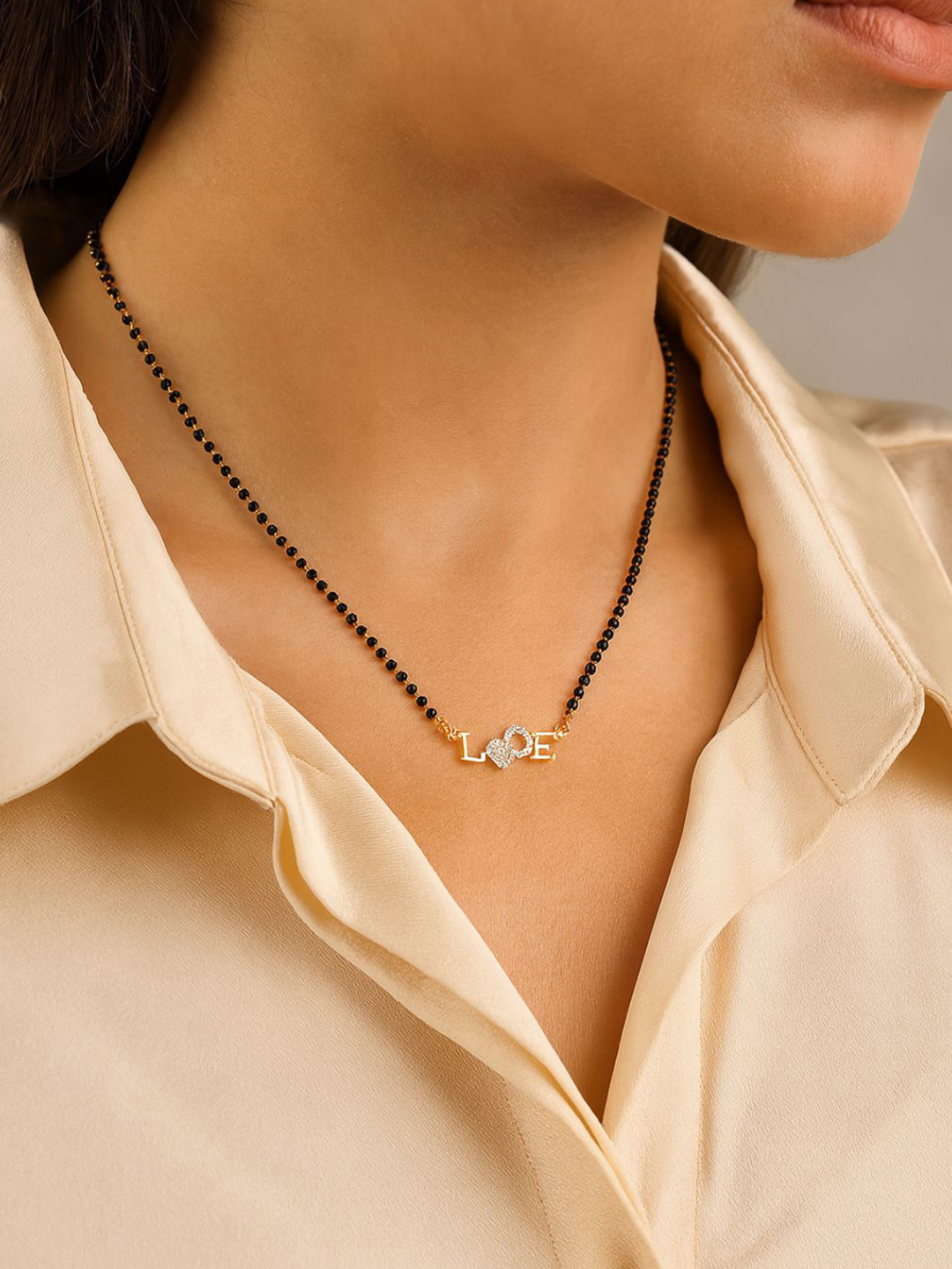 I Jewels Rose Gold-Plated White AD Studded Black Beads Mangalsutra