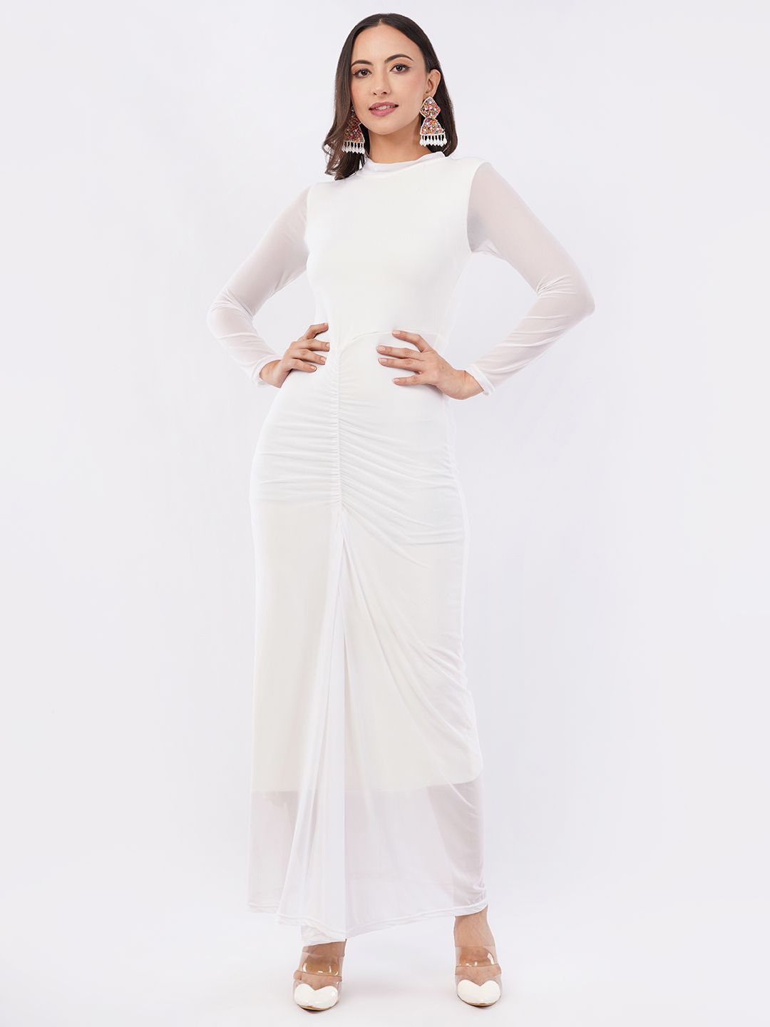 Deshi Girl Women Ruched Gathered or Pleated Net Bodycon Maxi Dress