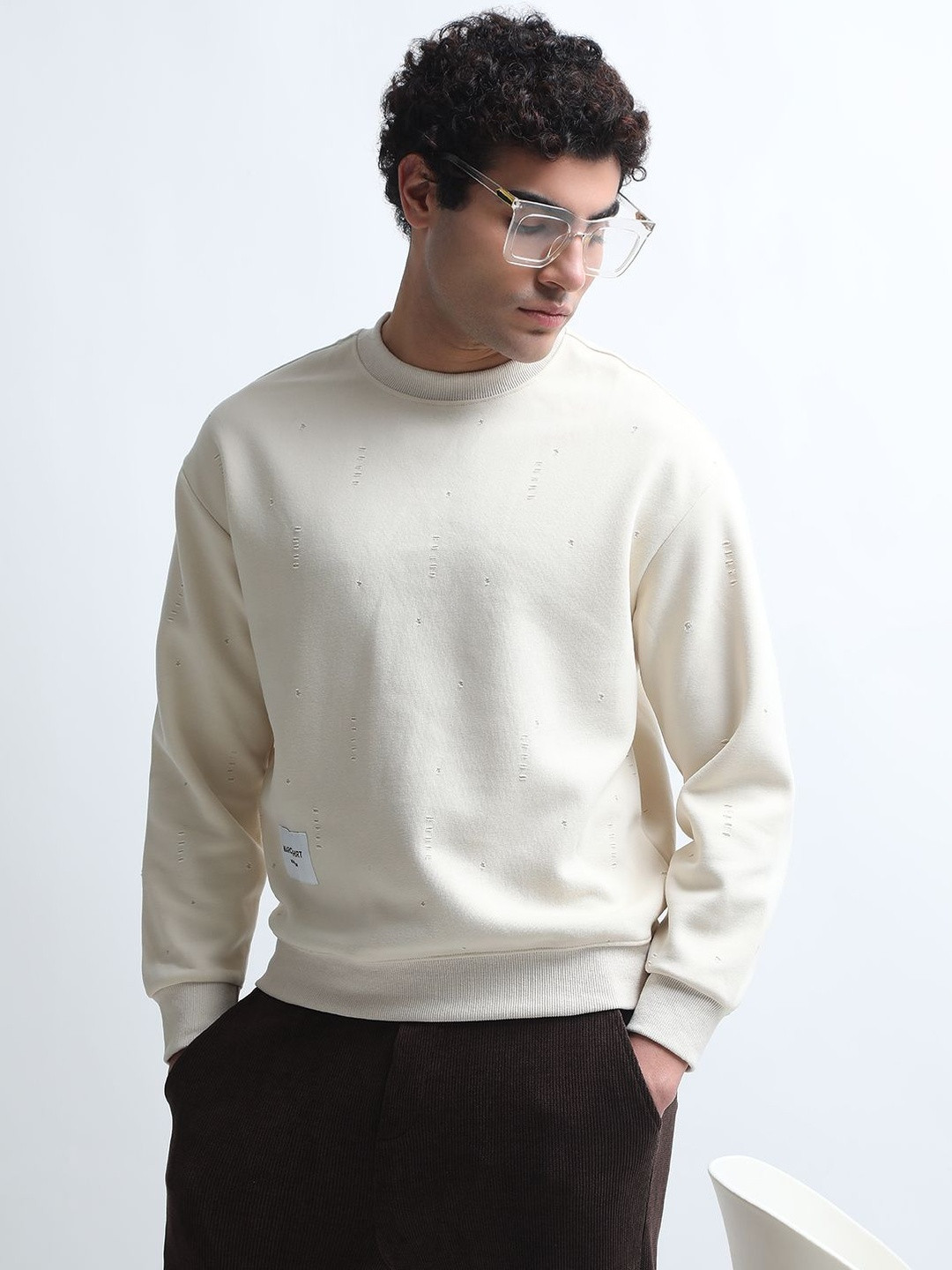 SHOWOFF Men Cream Cotton Ribbed Sweatshirt