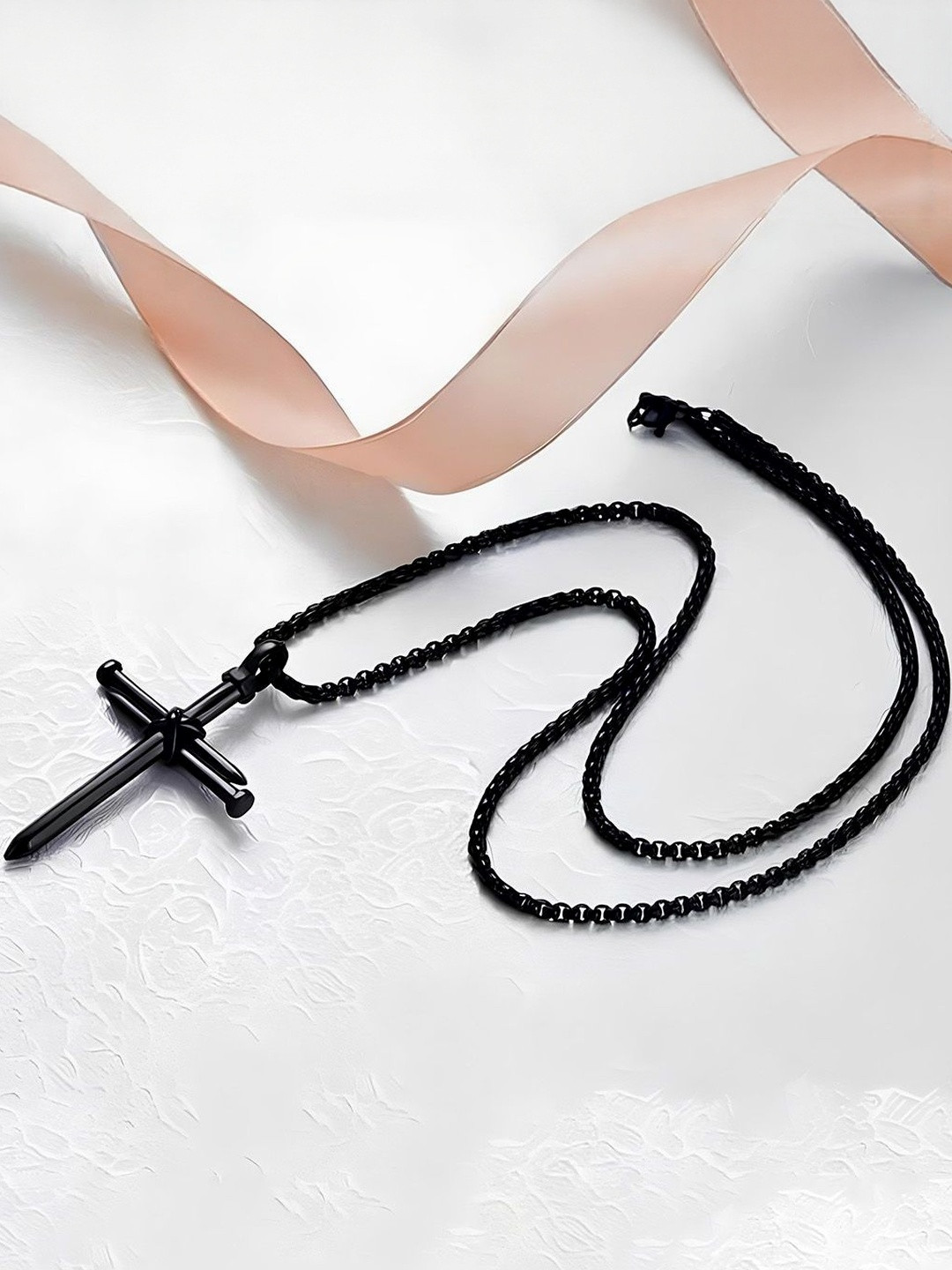 Roadster Men Black Stainless Steel Cross Nail Pendants with Chains