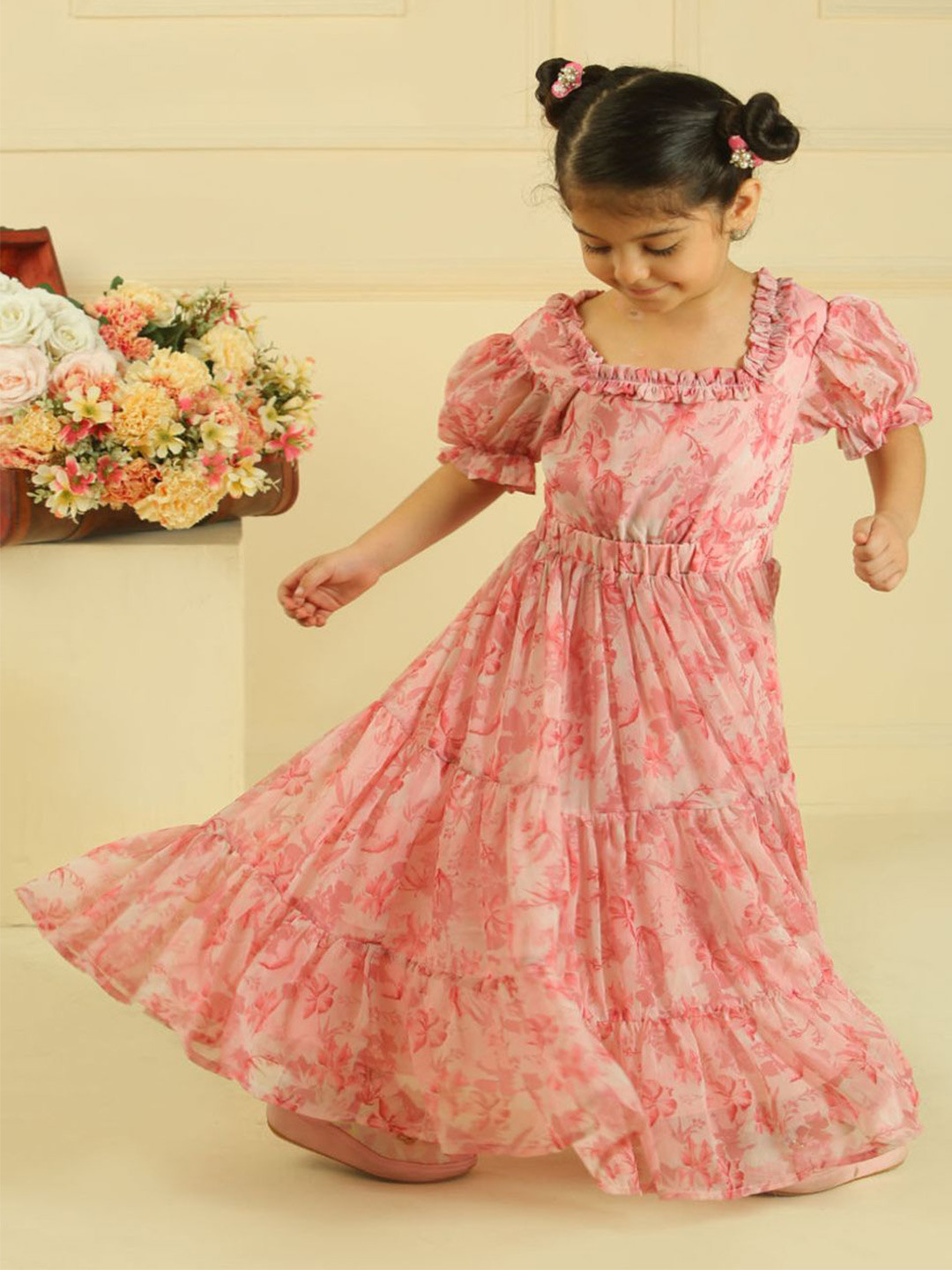 LH LUXURY FASHION Girl's Floral Printed Puff Sleeve Tiered Silk Maxi Dress