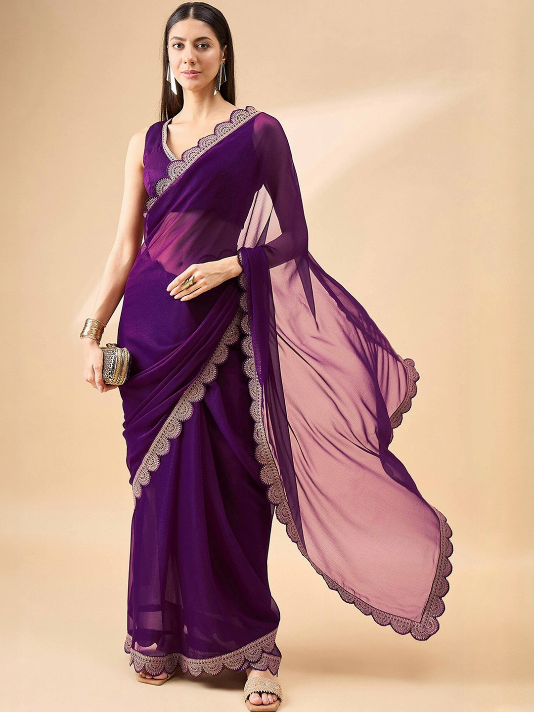 Peachmode Women Purple Embroidered Chiffon Saree