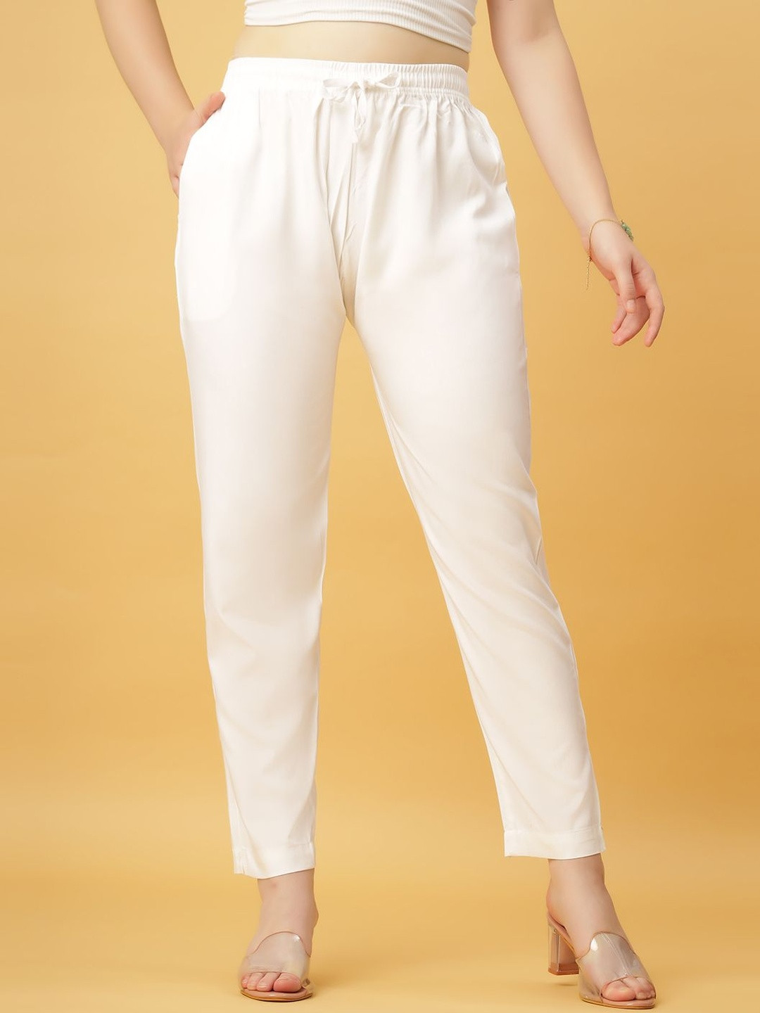 GANIX FASHION THAT DEFINE YOU Women Viscose Rayon White Solid  Straight Fit Trousers