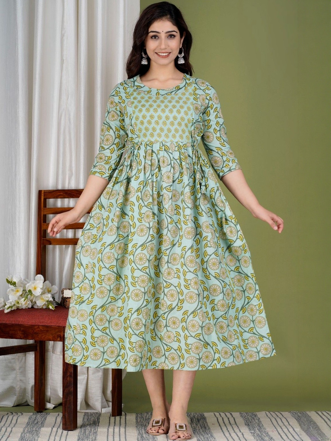 FASHION CLOUD Women Green Floral Pure Cotton Printed Maternity Anarkali Kurti