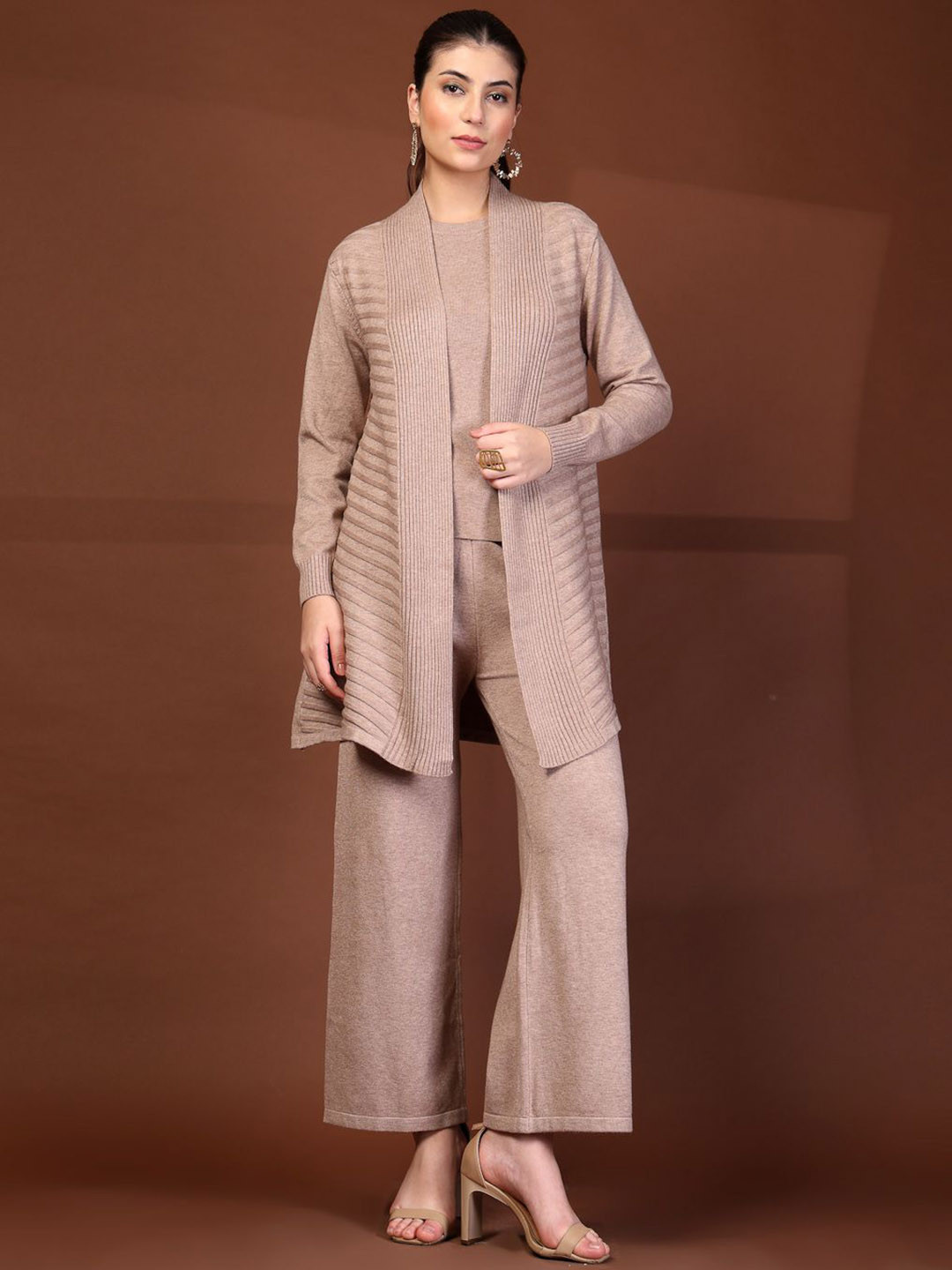 Mafadeny Women 3-Pcs Round Neck Co-ord Set with Ribbed Cardigan & Wide-Leg Pants