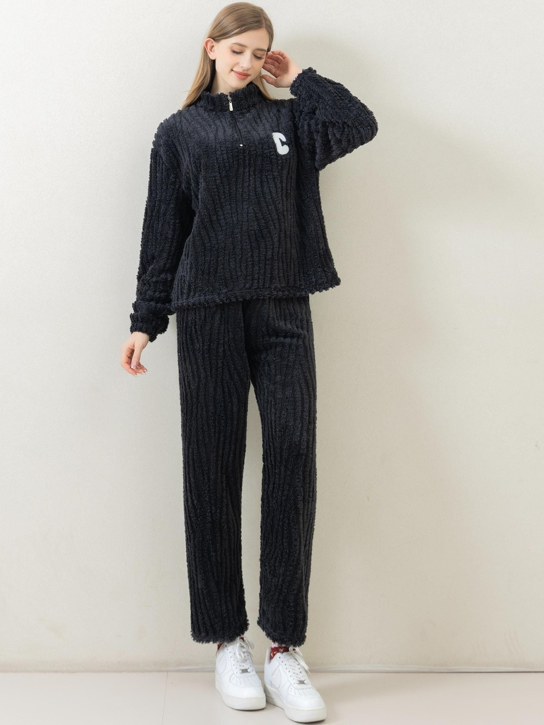 Stem Rope Women Black Wool Blend Long Sleeves Winter Co-Ord Set