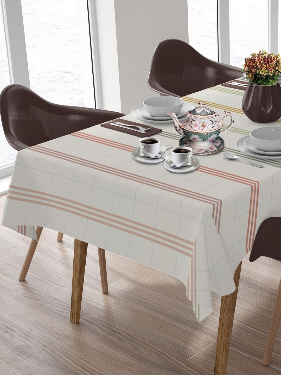HOME COLORS.IN White Striped Pure Cotton 6-Seater Table Cover