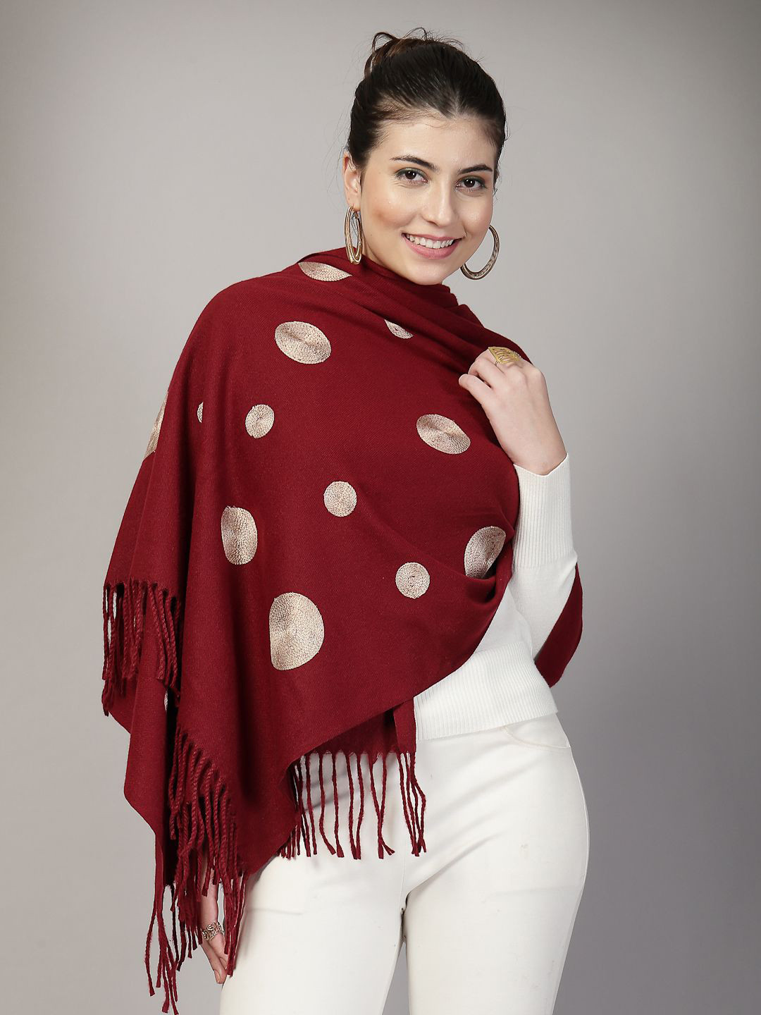 Mafadeny Women Polka Dot Fringe Border Stole