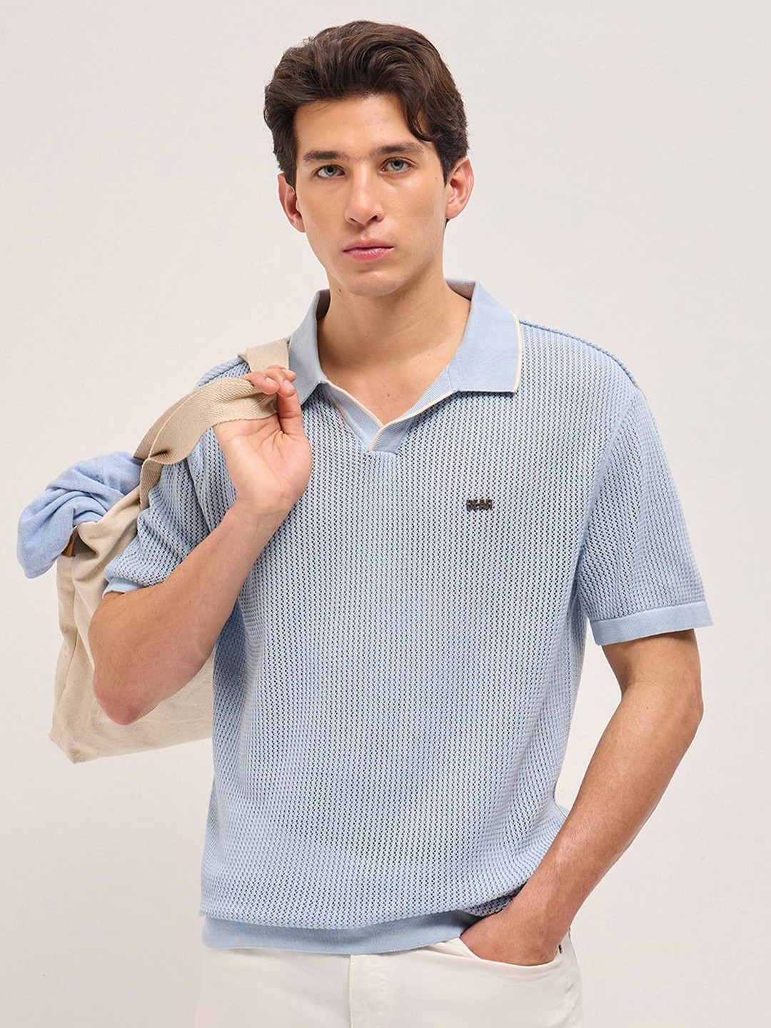 THE BEAR HOUSE Men Self Design Polo Collar Pure Cotton Relaxed Fit T-shirt