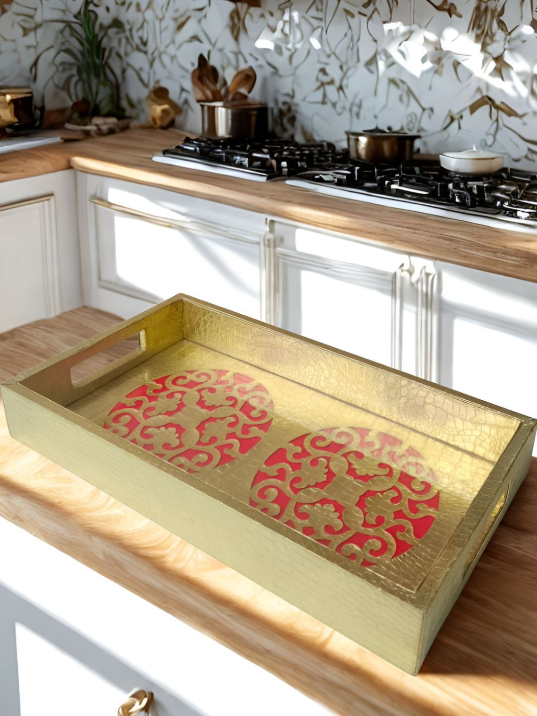 THE HOME CO. Beige And Red Dishwasher And Microwave Lezocut Leathrite Safe Serving Tray