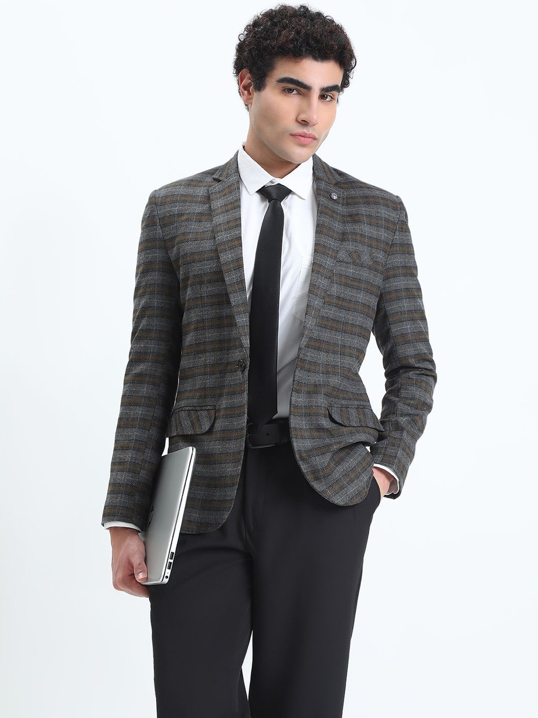 SHOWOFF Men Grey Checked Single-Breasted Slim Fit Blazer