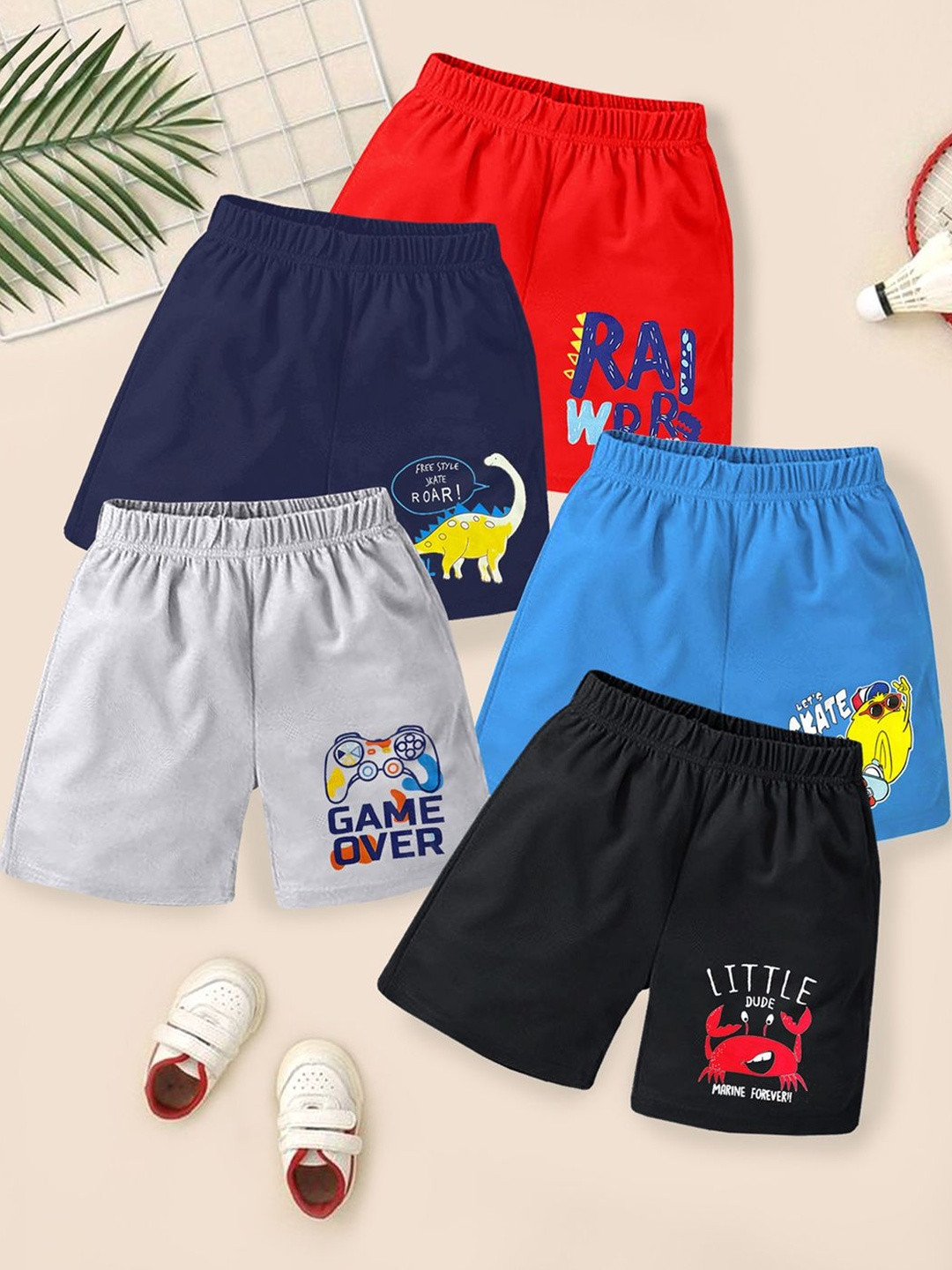 YK Boys Pack Of 5 Multicolored Printed Cotton Shorts