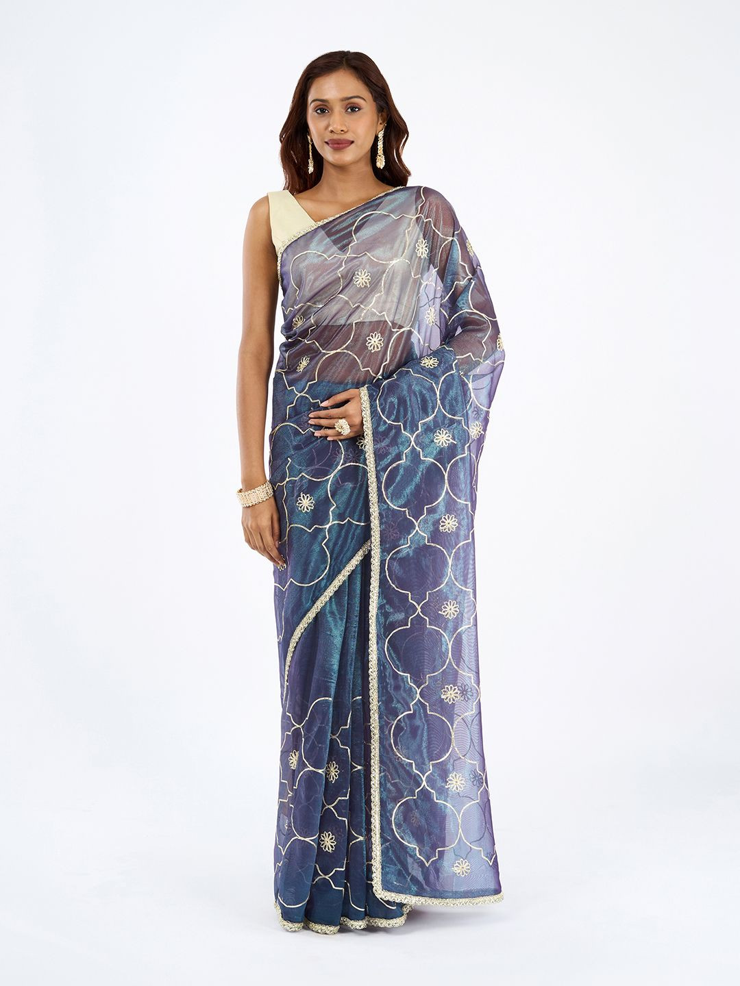 TEEJH Hriya Floral Embroidered Gotta Patti Net Saree