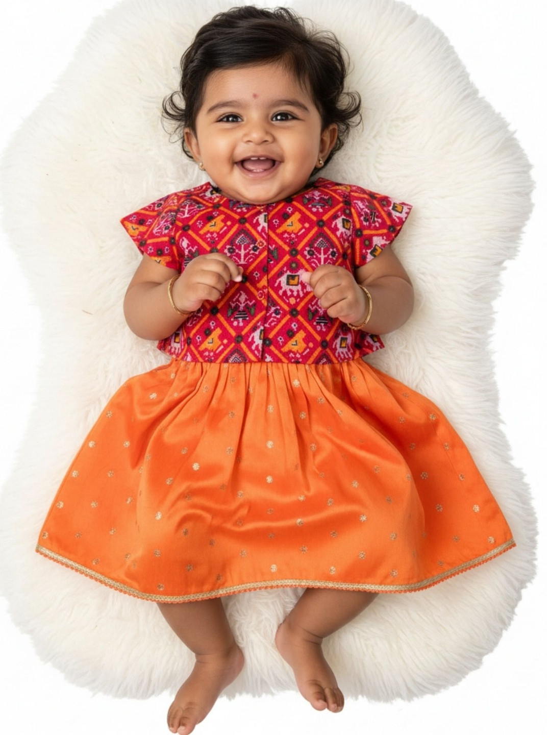 Sangria Baby Girl Orange Zari Lehenga and Pink Patola Blouse Set