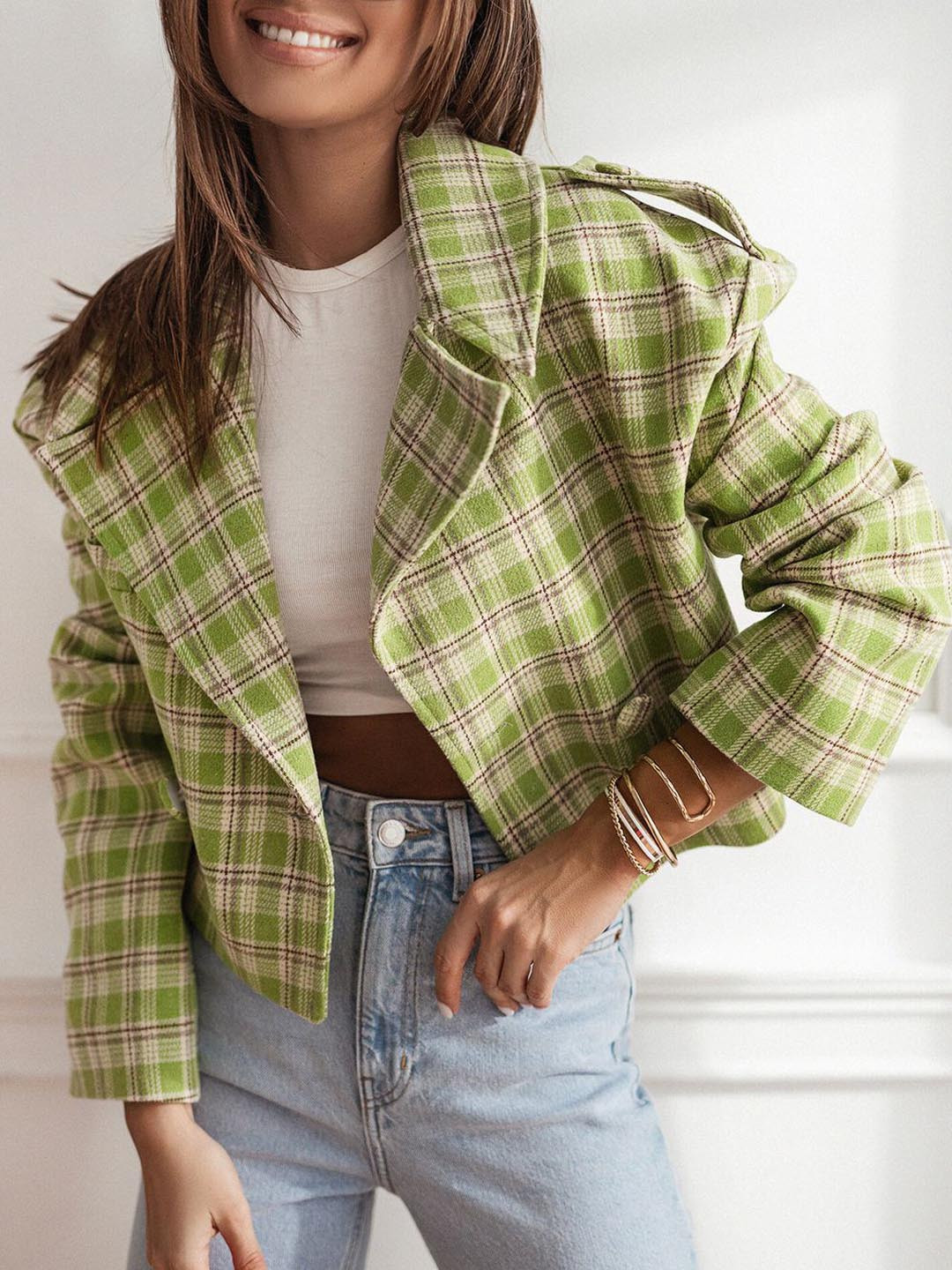 bebe Checked Peaked Lapel Collar Front-Open Blazer