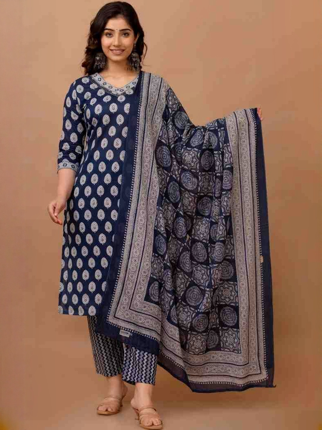 VIPY HANGER Women Blue Ethnic Motifs PrintedV-Neck Cotton Kurta With Trousers & Dupatta