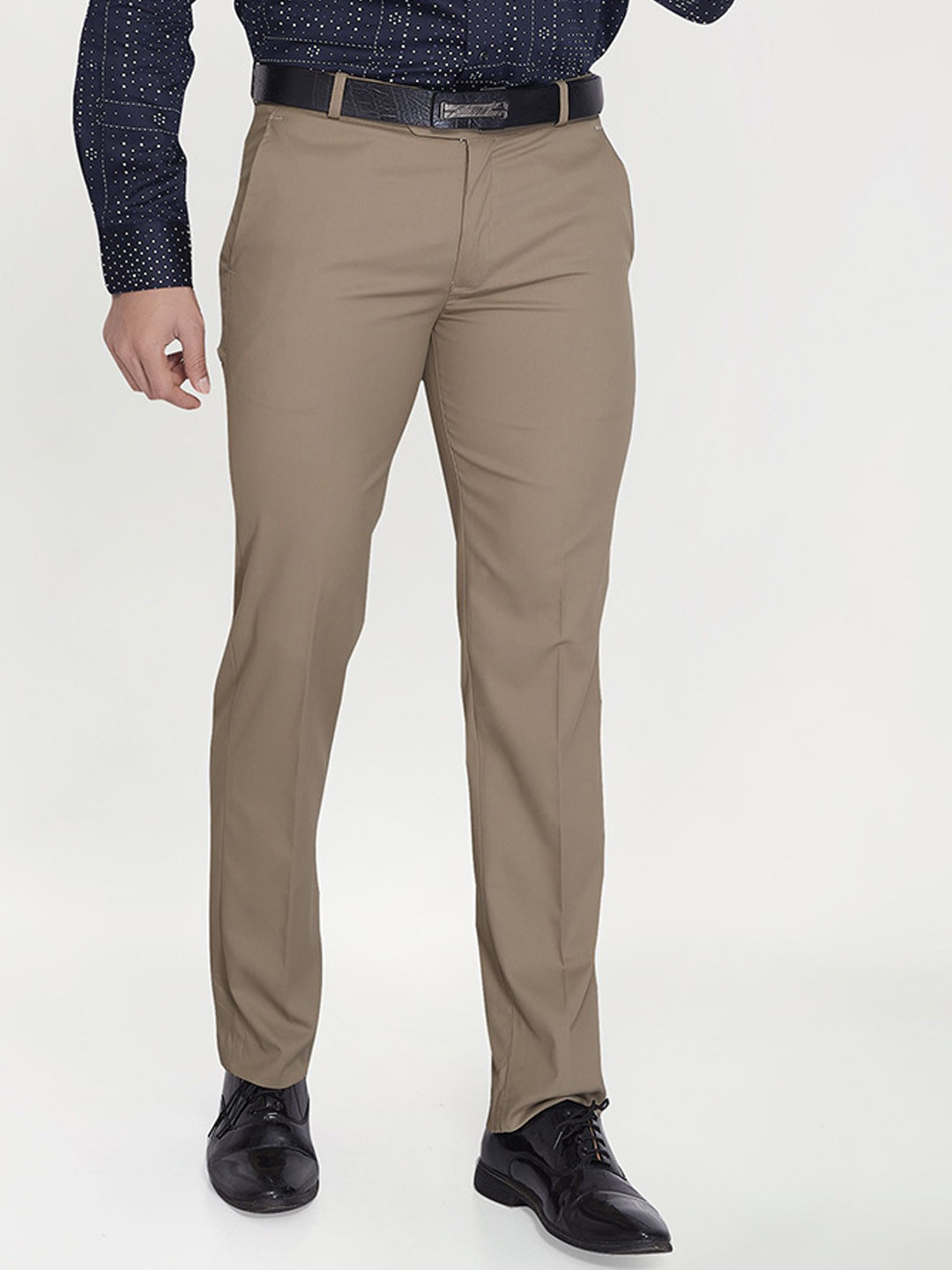 Khaki Mid-Rise Regular Fit Formal Trousers