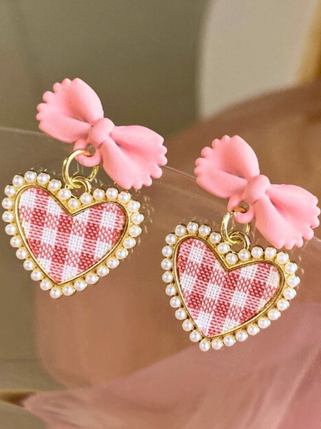 DressBerry Women Pink Bow Heart Shaped Drop Earrings