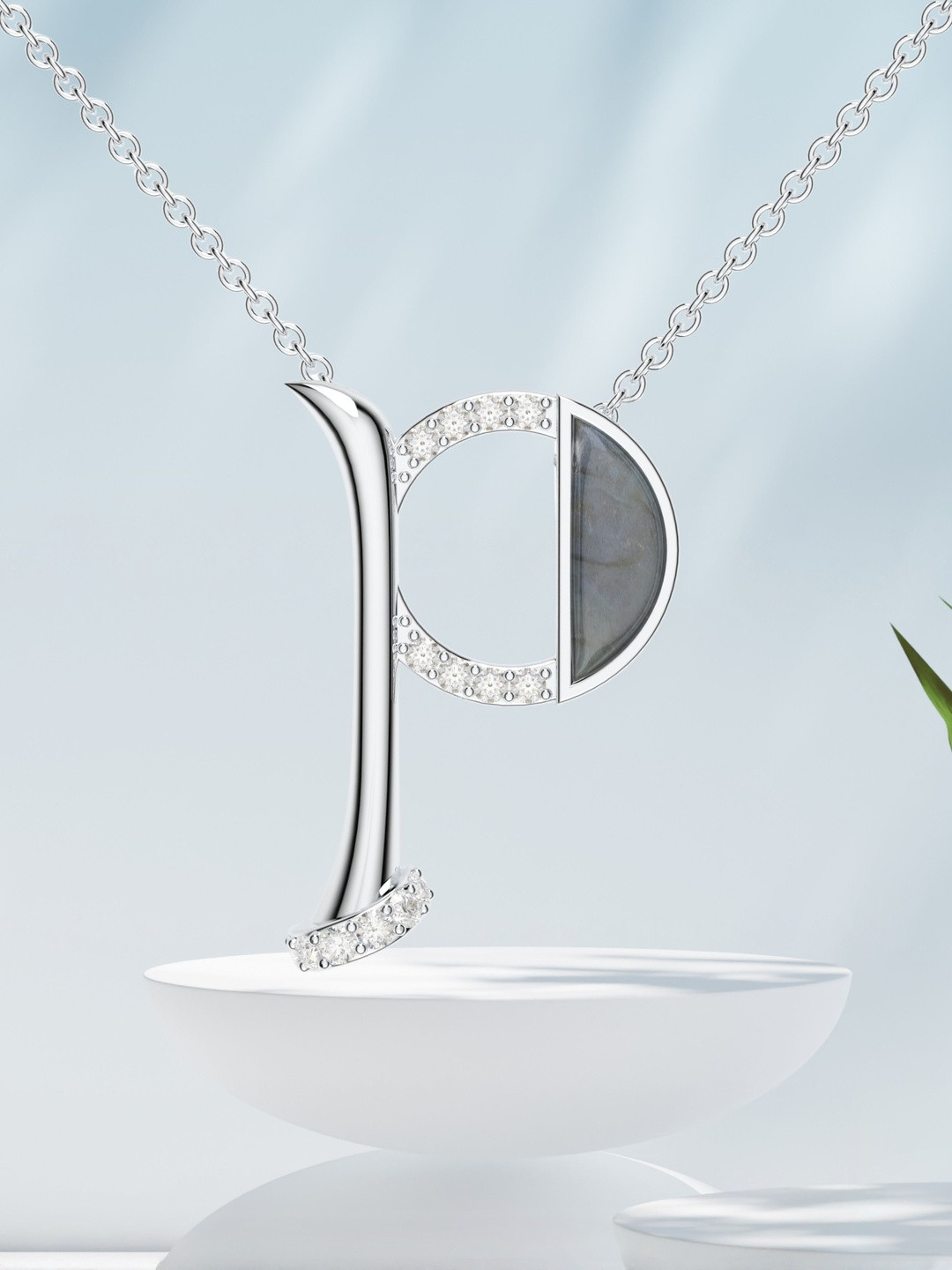 Kicky And Perky 925 Sterling Silver Rhodium-Plated Stones Studded P Pendant With Chain