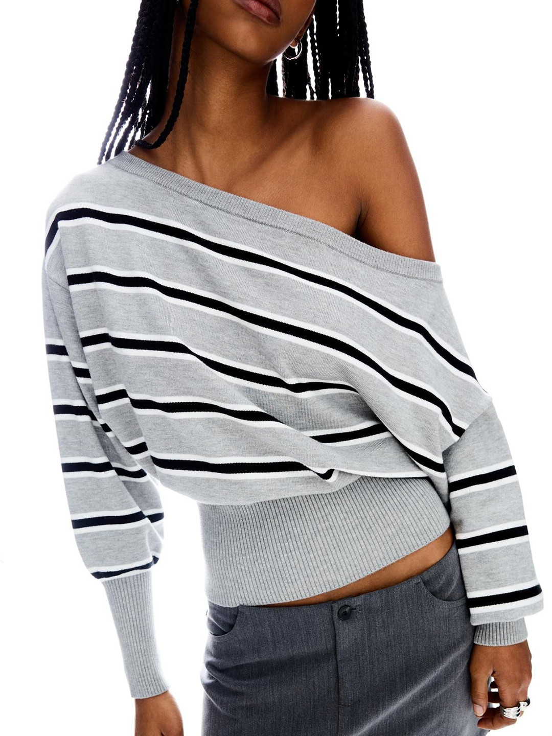 Bershka Asymmetric Sweater With Ribbed Hem