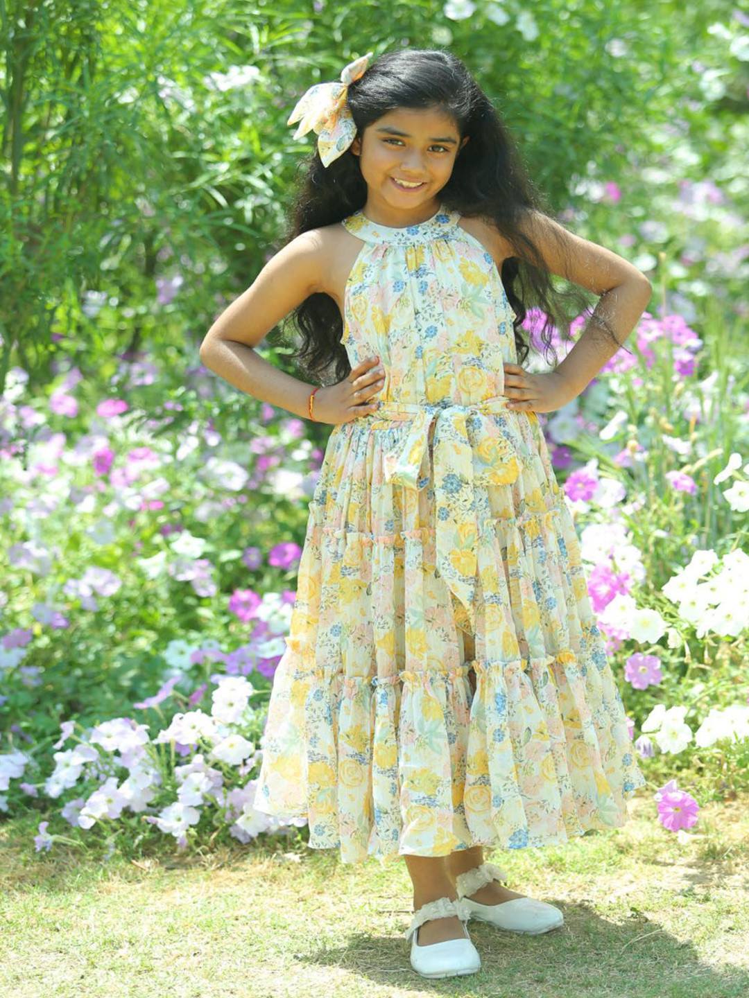 LH LUXURY FASHION Floral Printed Halter Neck Chiffon Sleeveless Dress