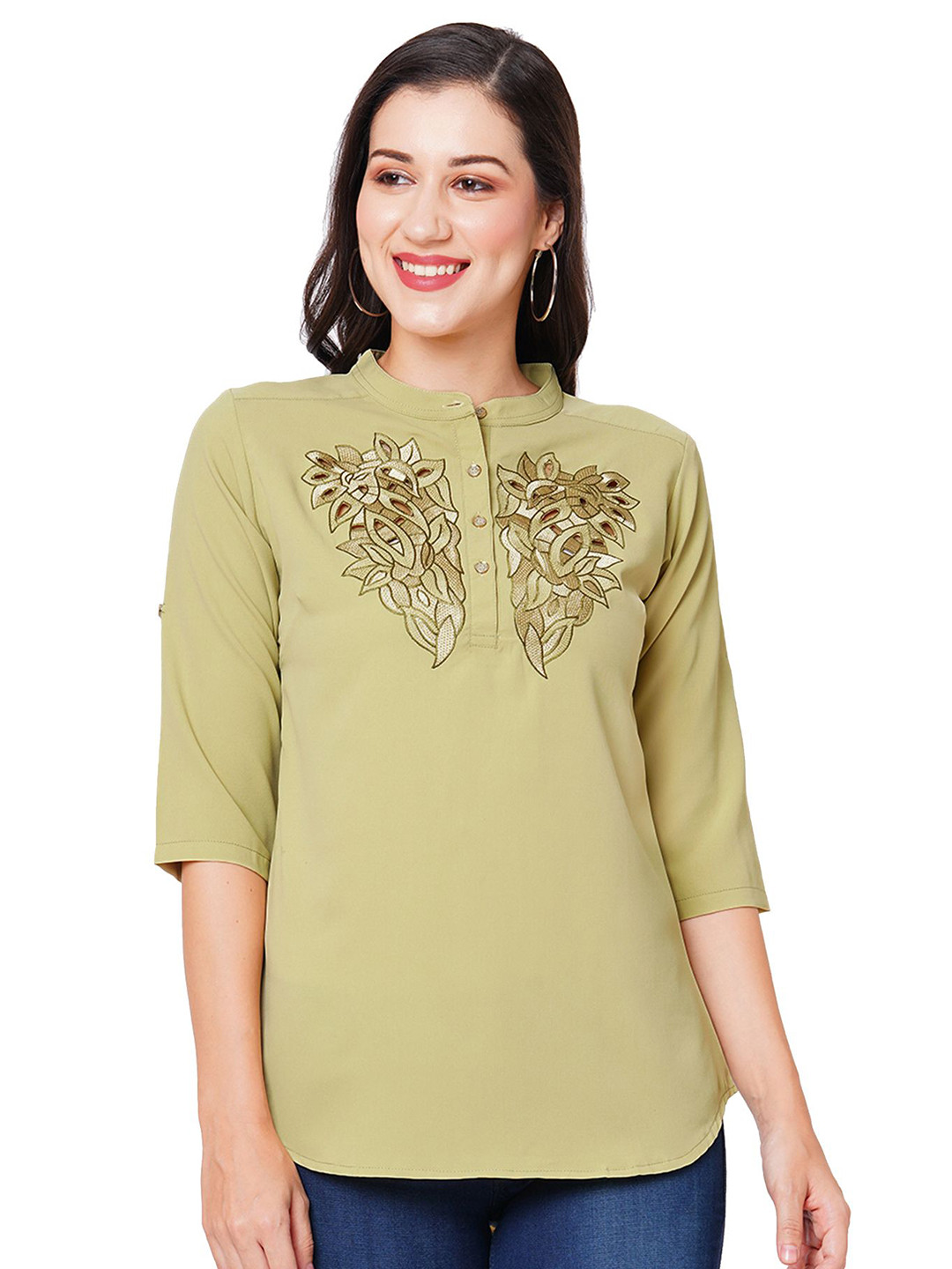 G0-4 IT Women Embroidered Mandarin Collar Georgette Top