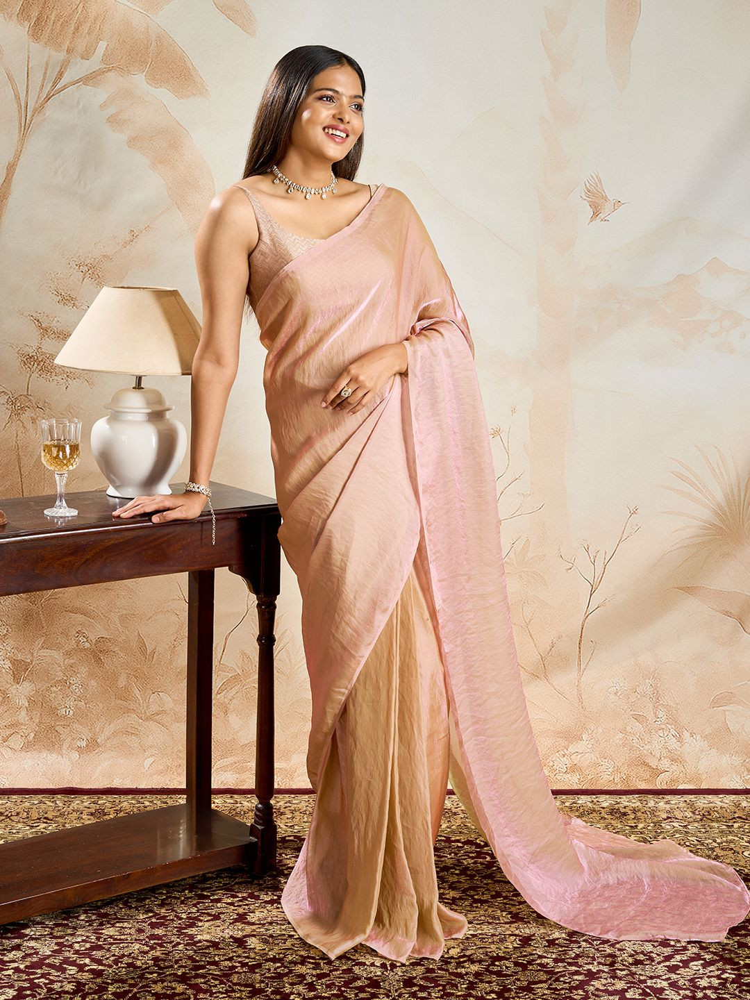 TEEJH Women Ravanya Pastel Pink Pre-Draped Saree