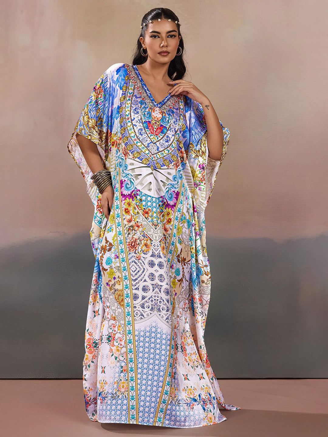 LABEL AARNA Women Printed Mediterranean Fantasy Soft Satin Kaftan Dress With Rhinestone