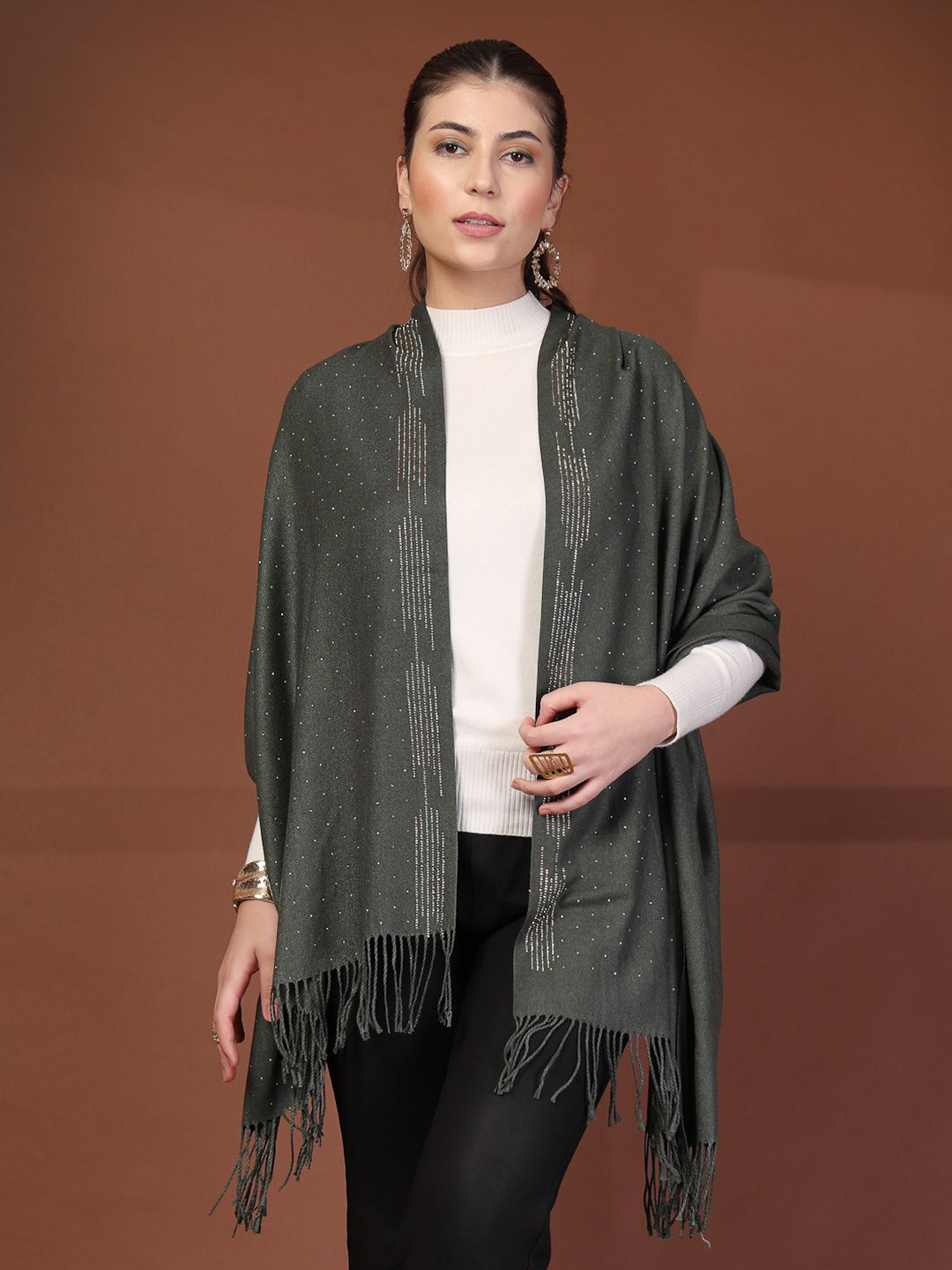 Mafadeny Women Embellished Stole with Tassels