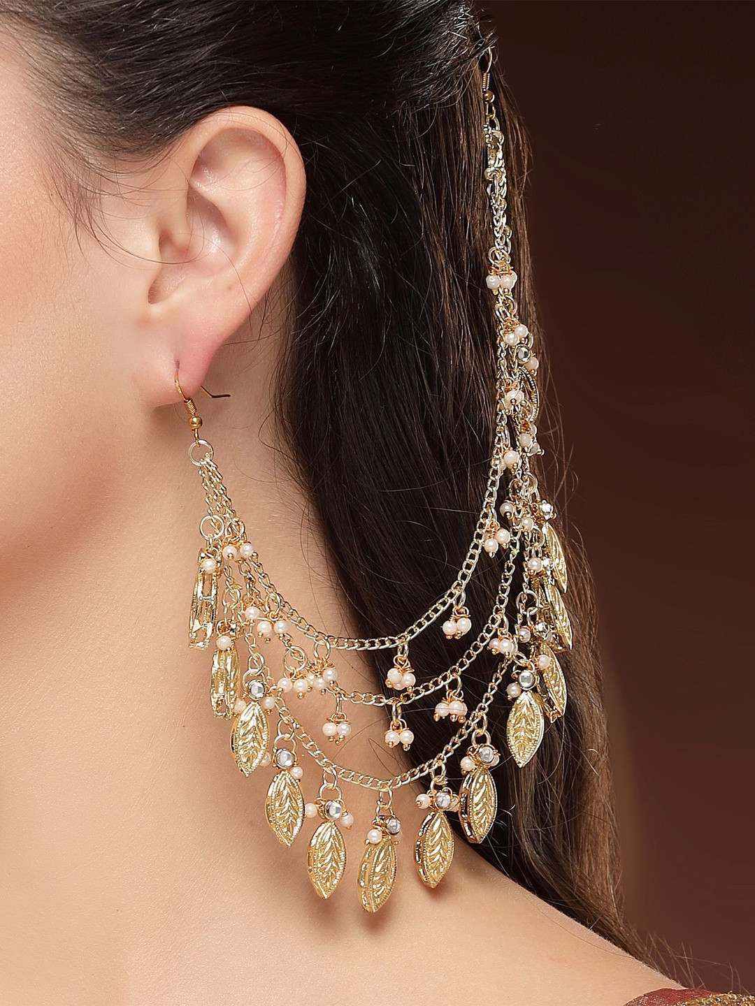 KARATCART Gold-Plated Leaf Shaped Kundan Studded Kaanchain Drop Earrings
