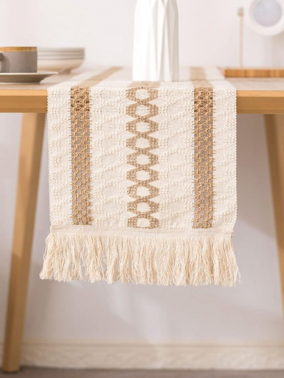 Alexvyan Boho Brown & Off White Textured Table Runner With Tassels