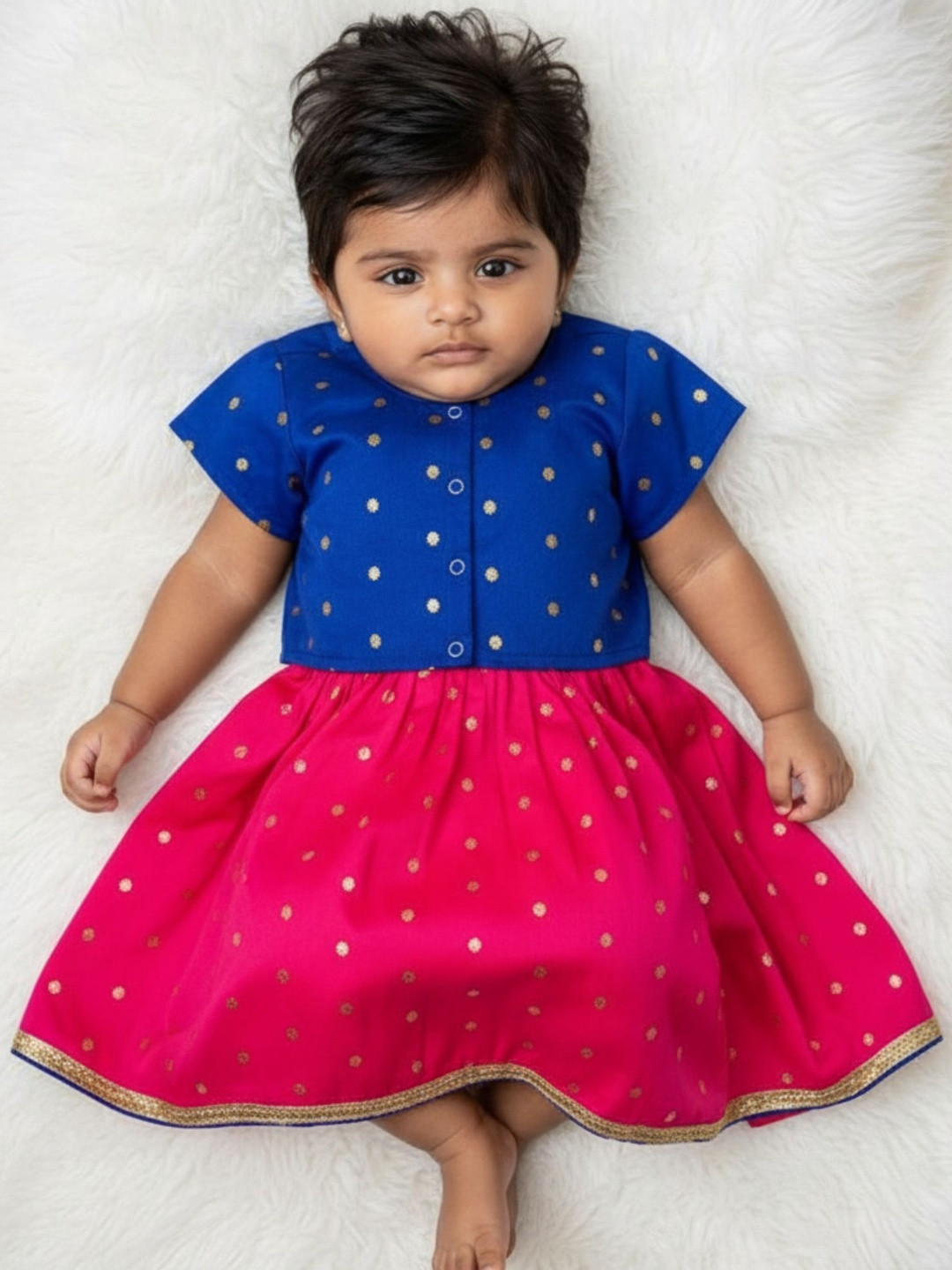 Sangria Girls Silk Printed Pink Lehenga and Blue Blouse