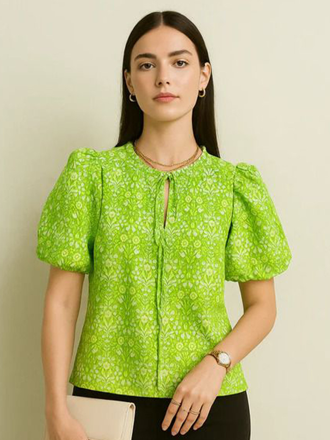 Mast & Harbour Periwinkle Women Floral Tie-Up Neck Puff Sleeve Top