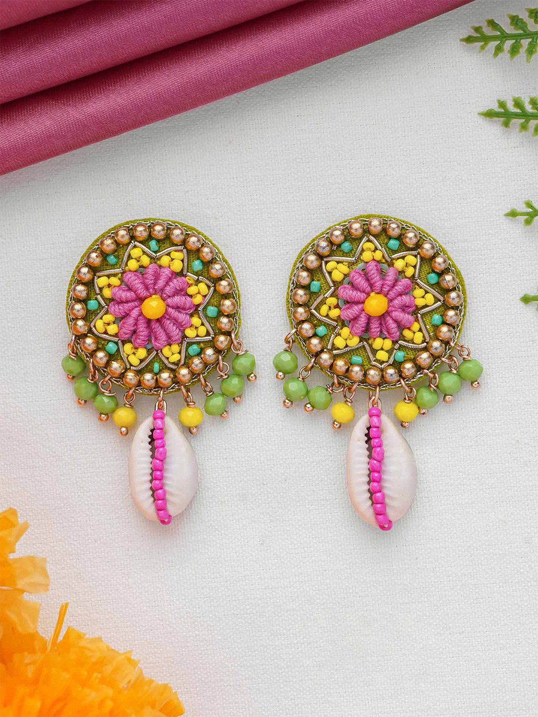EVERSTYLISH SANJOYA RANGOLI Shell Earrings Embroidered Floral Beaded Ethnic Haldi wear