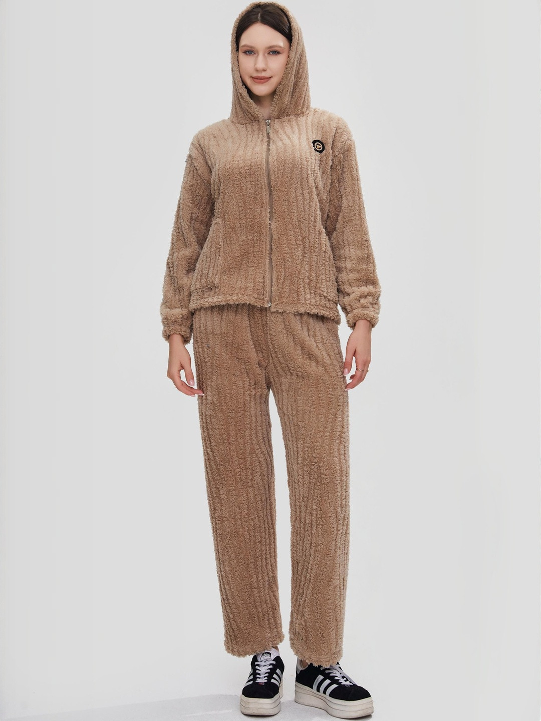 Stem Rope Women Brown Hooded Long Sleeves Woolen Sweater & Trouser Co-Ord Set